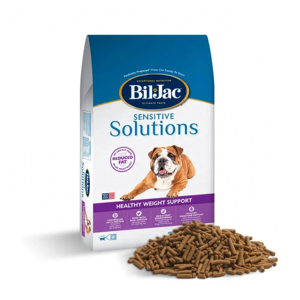 Bolsa Bil-Jac "Reduced Fat" para Perros con bulldog en portada y fórmula Sensitive Solutions para control de peso.