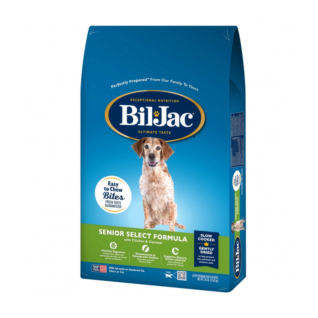 Bolsa Bil Jac "Senior Select" para Perros con fórmula senior, pollo y avena, ilustración de perro adulto mayor.