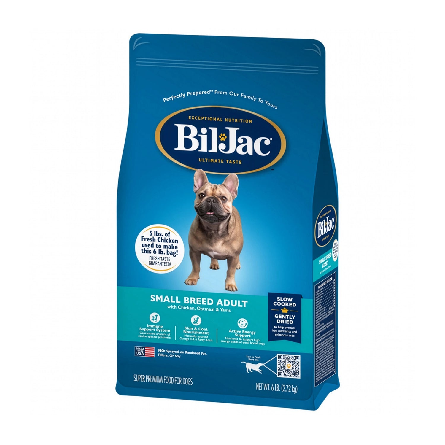 Alimento Bil-Jac "Small Breed" para Perros en empaque azul con soporte inmune y nutrición para razas pequeñas.