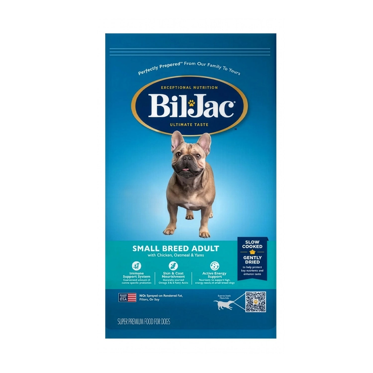 Alimento Bil-Jac "Small Breed" para Perros en empaque azul con soporte inmune y nutrición para razas pequeñas.
