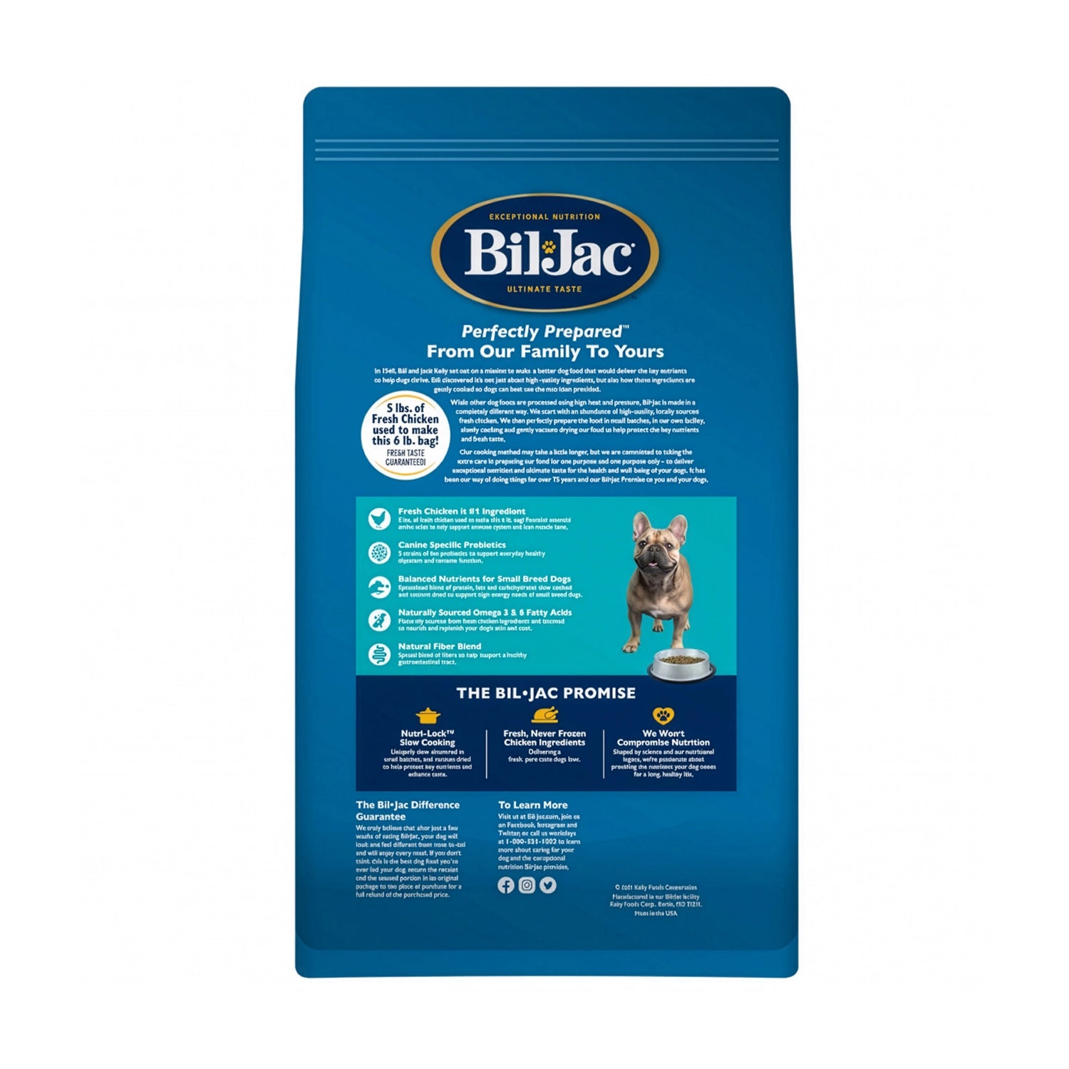 Alimento Bil-Jac "Small Breed" para Perros en empaque azul con soporte inmune y nutrición para razas pequeñas.