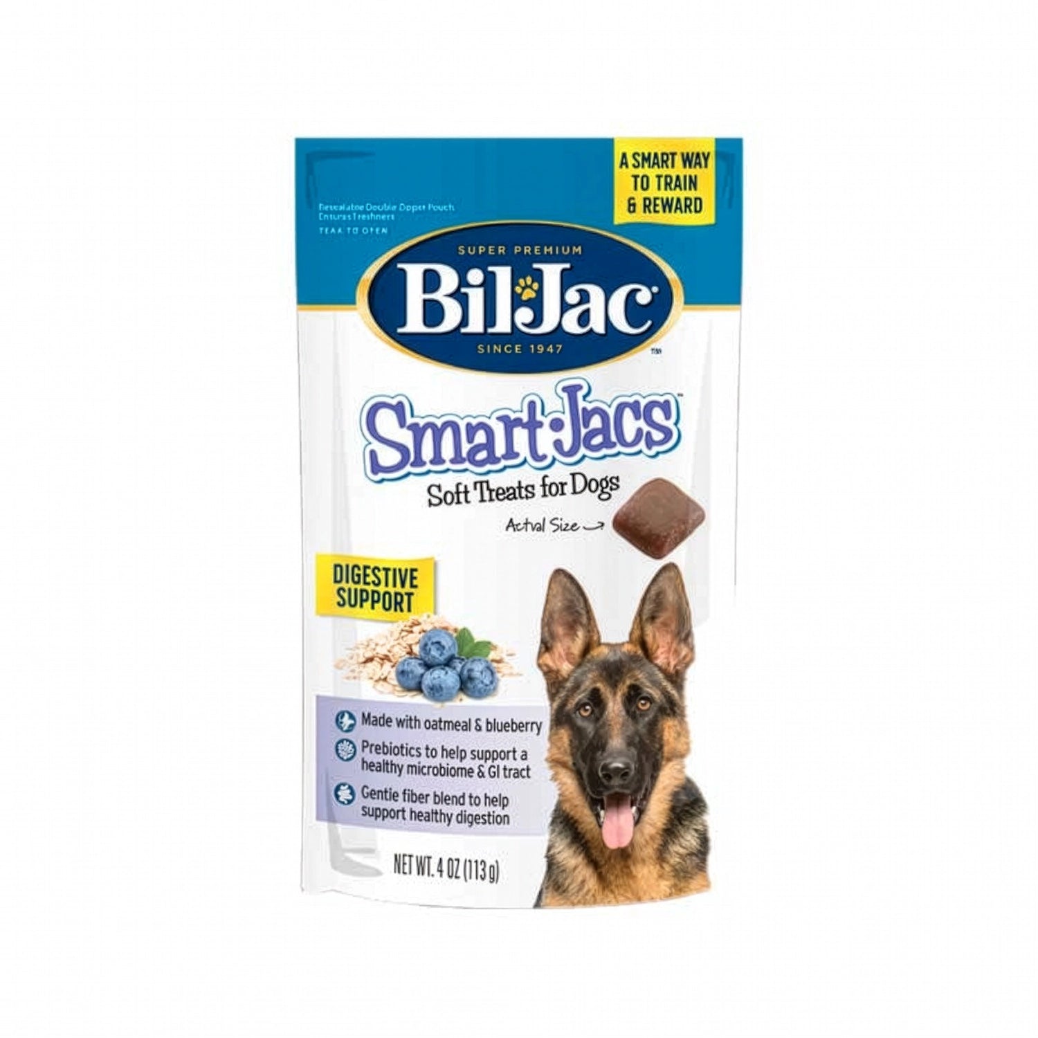 Bil Jac Premios Smart Jacs Soporte Digestivo en empaque blanco con pastor alemán y treats suaves digestivos.