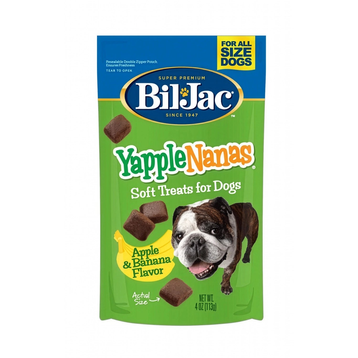 Bolsa de Premios Blandos Bil Jac YappleNanas para perros con sabor manzana y banana, con bocados suaves y perro.