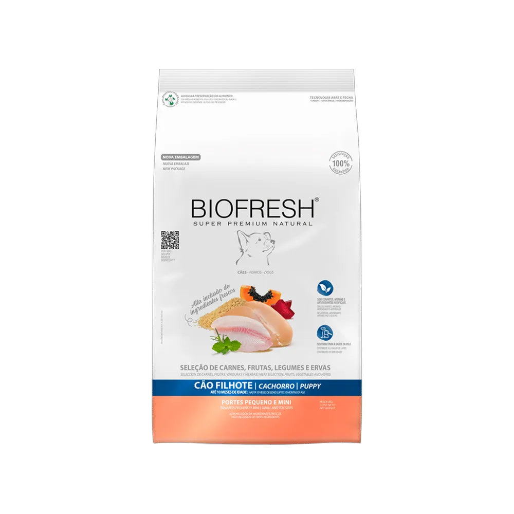 Biofresh para Cachorros Razas Pequeñas y Mini alimento seco en bolsa blanca con pollo, frutas y fórmula natural premium