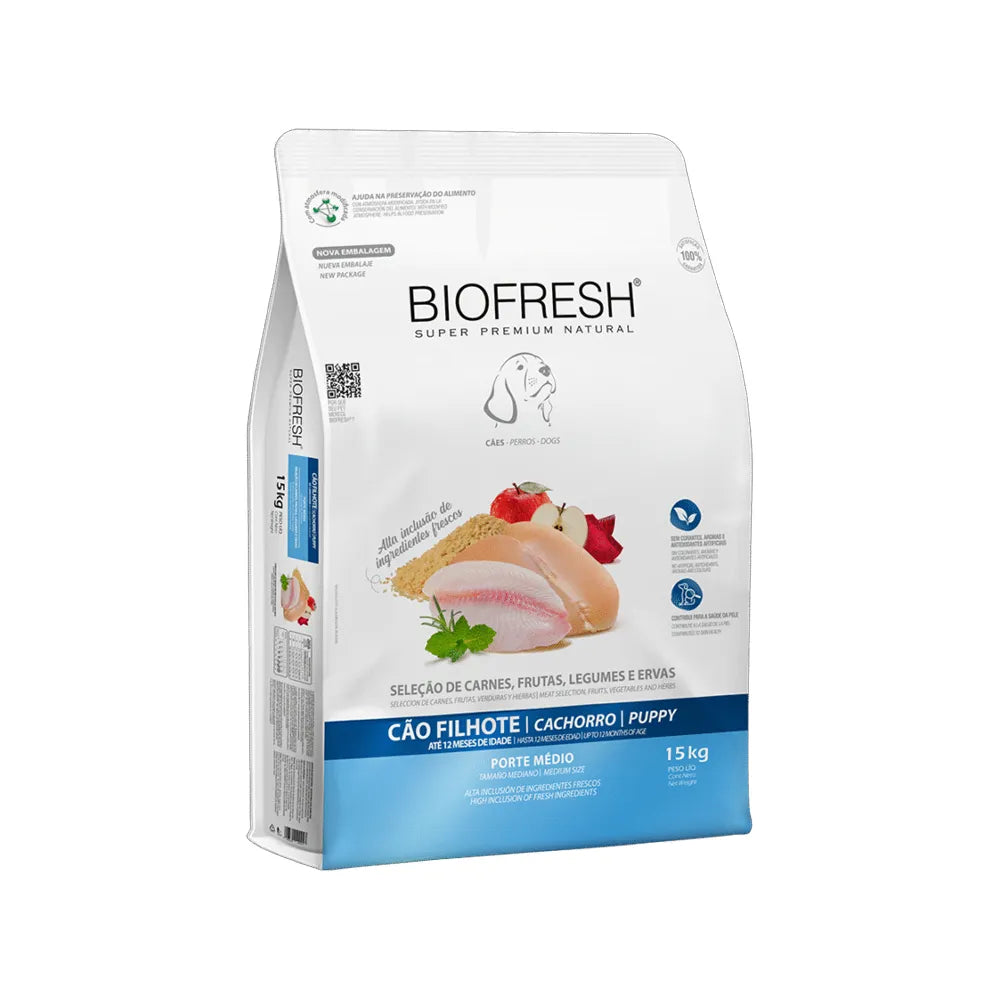 Biofresh para Cachorros Razas Medianas alimento seco en bolsa blanca con pollo, frutas y fórmula natural premium
