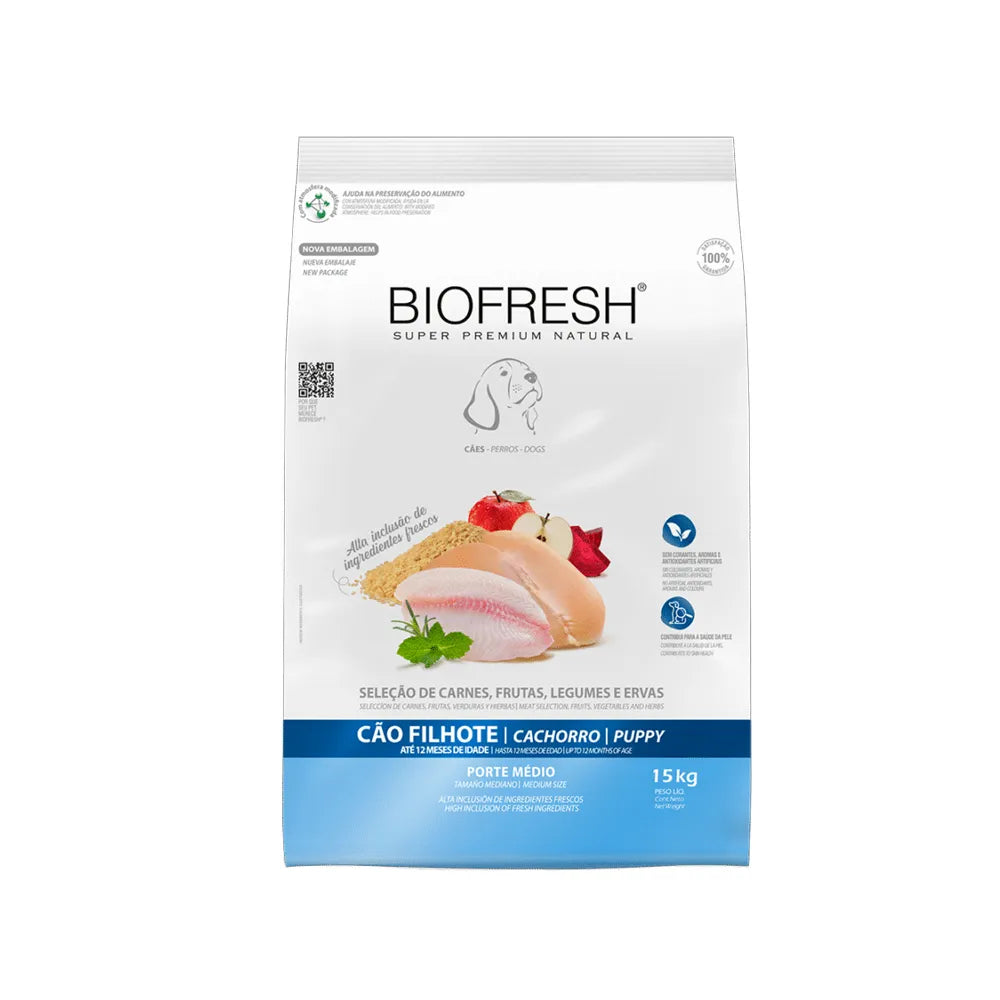 Biofresh para Cachorros Razas Medianas alimento seco en bolsa blanca con pollo, frutas y fórmula natural premium
