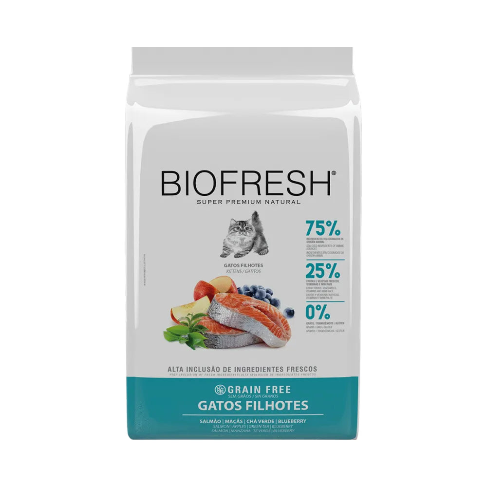 Biofresh Salmón para Gatitos alimento seco en bolsa blanca con salmón, frutas y arándanos, fórmula grain free premium