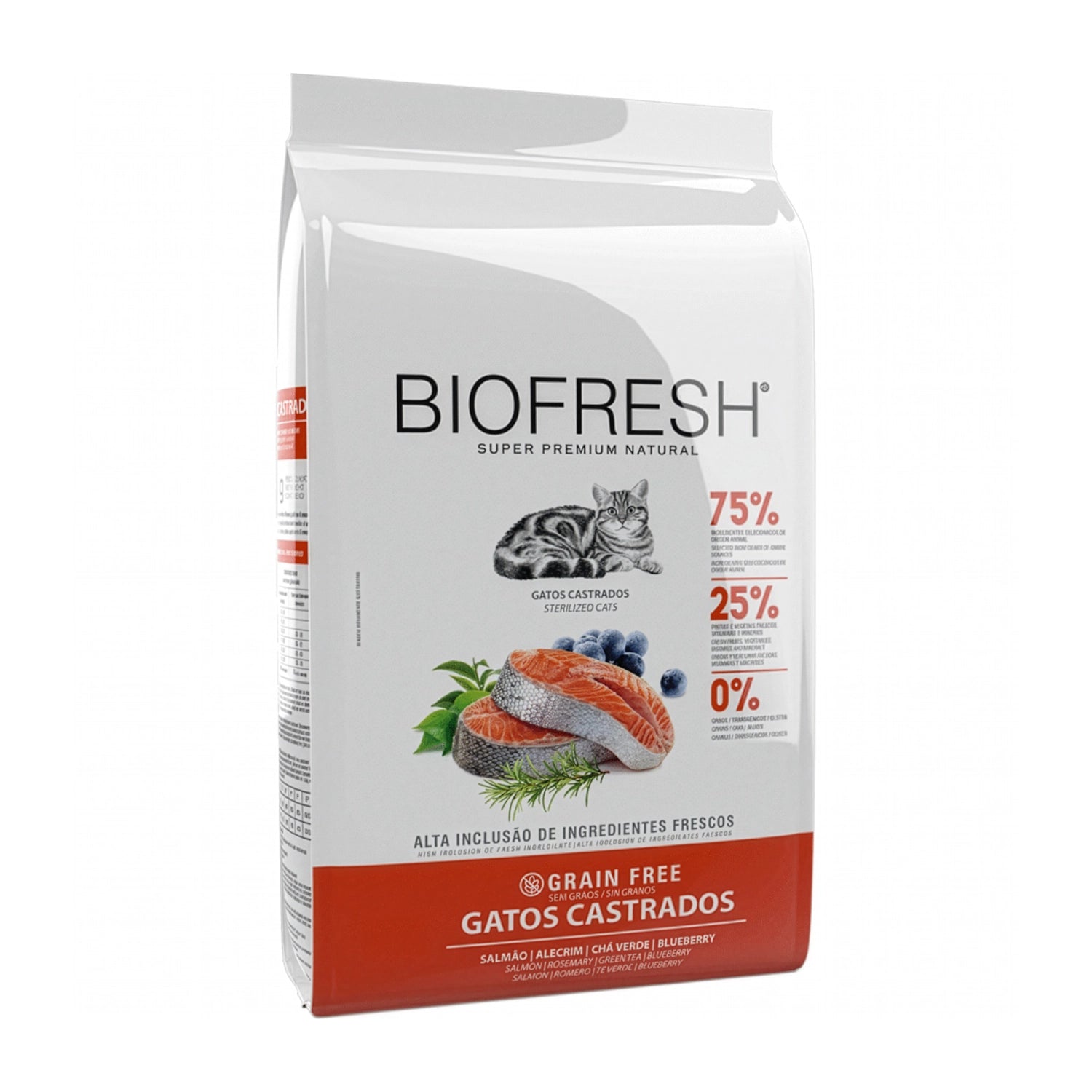 Biofresh para Gatos Castrados bolsa de comida seca sin granos con imagen de salmón, frutas y gráfico nutricional en el frente