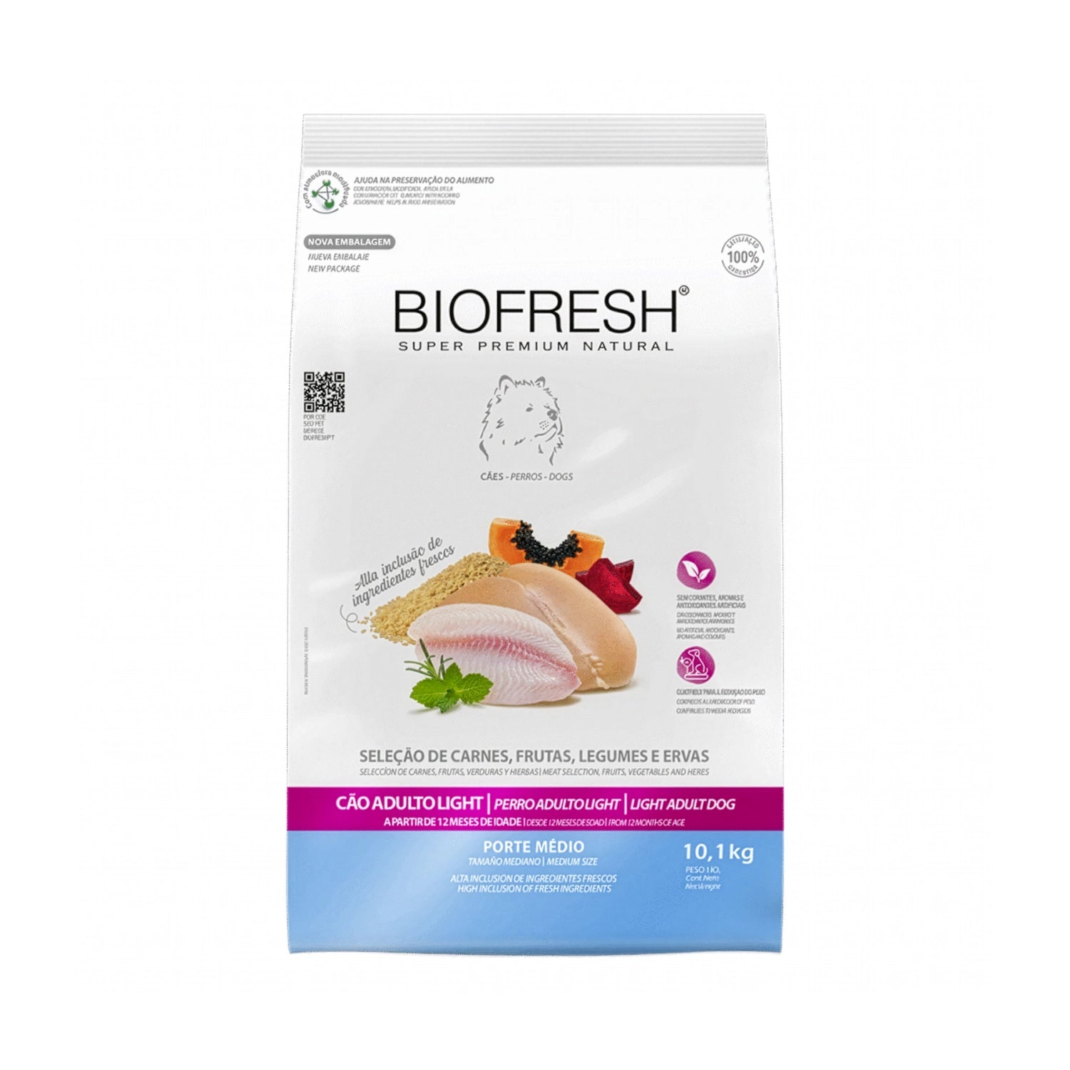 Alimento Biofresh Light para Perros Razas Medianas en saco blanco con receta natural y selección de carnes y hierbas.