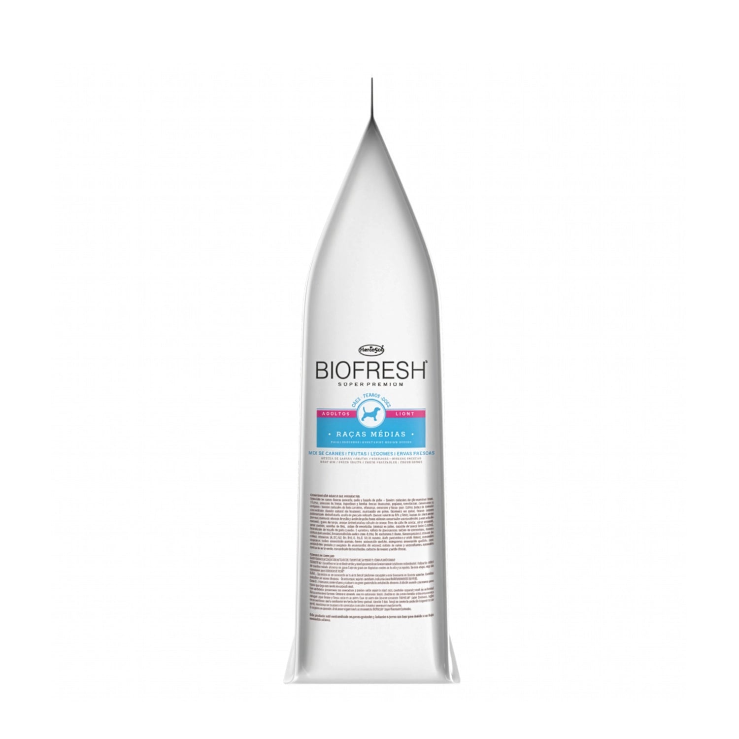 Alimento Biofresh Light para Perros Razas Medianas en saco blanco con receta natural y selección de carnes y hierbas.