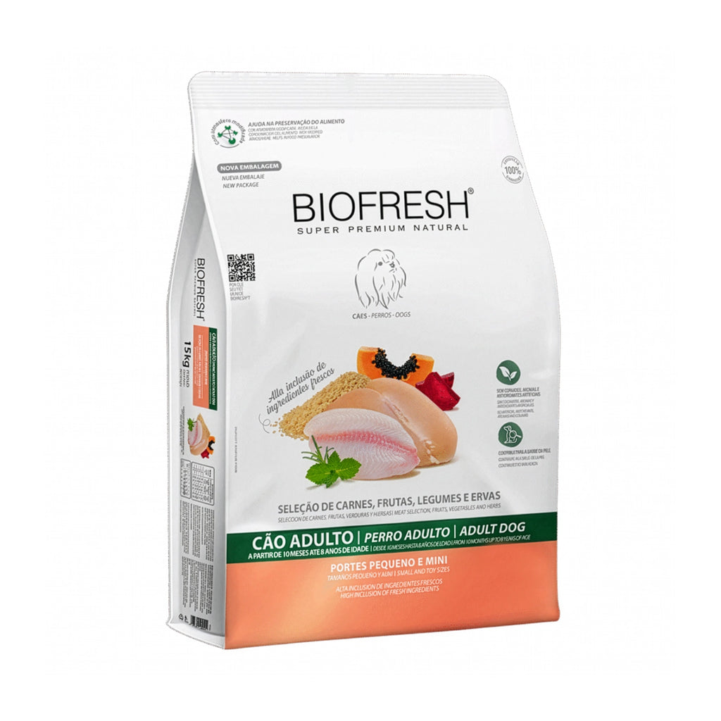 Biofresh para Perros Razas Pequeñas y Mini con pollo, frutas y hierbas frescas en bolsa blanca premium natural.