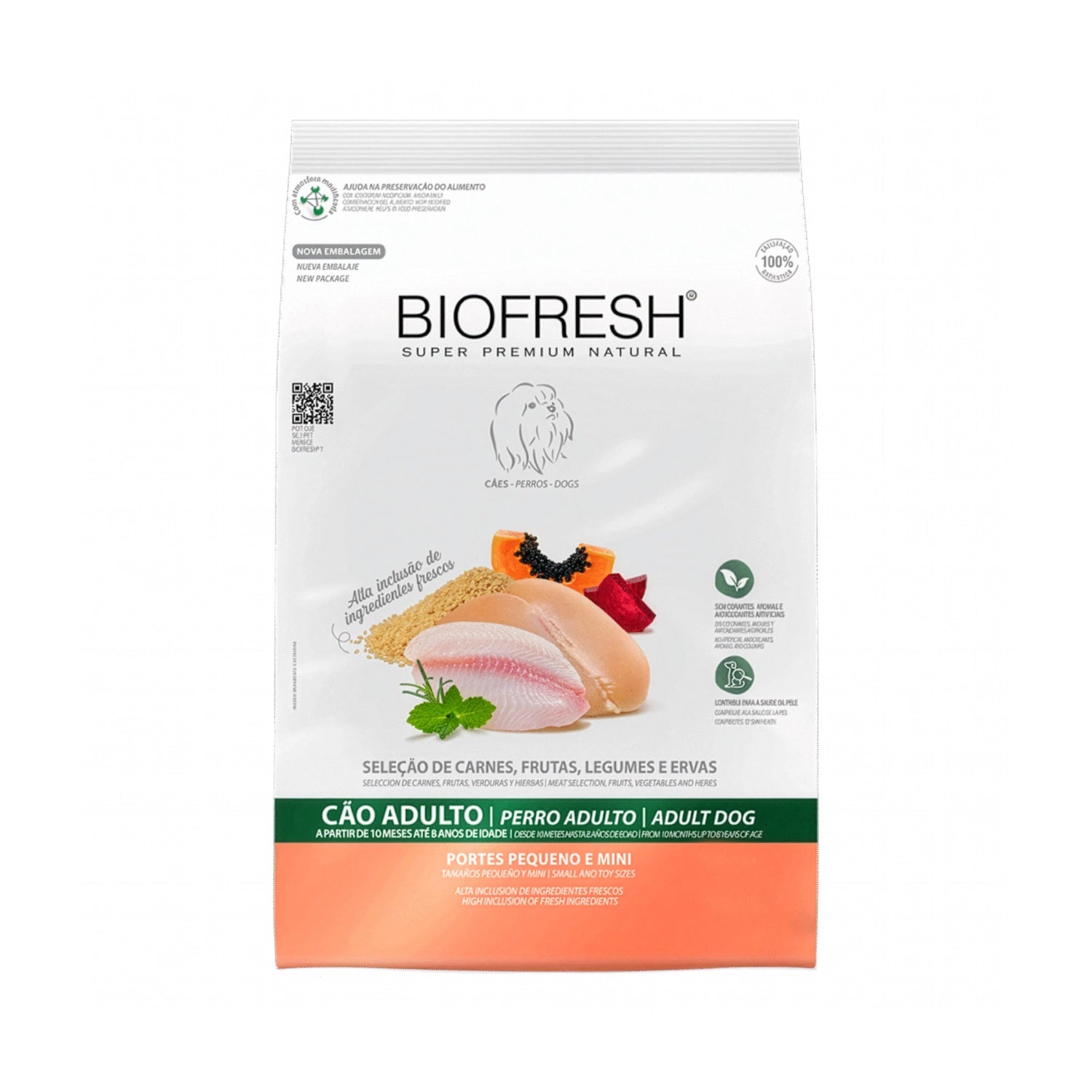 Biofresh para Perros Razas Pequeñas y Mini con pollo, frutas y hierbas frescas en bolsa blanca premium natural.