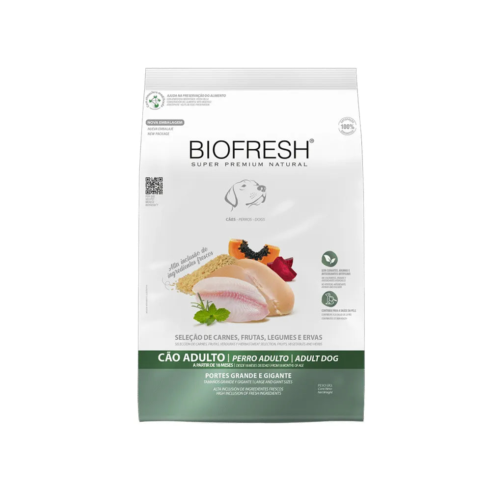 Biofresh para Perros Razas Grandes y Gigantes alimento seco en bolsa blanca con pollo, frutas y fórmula natural premium