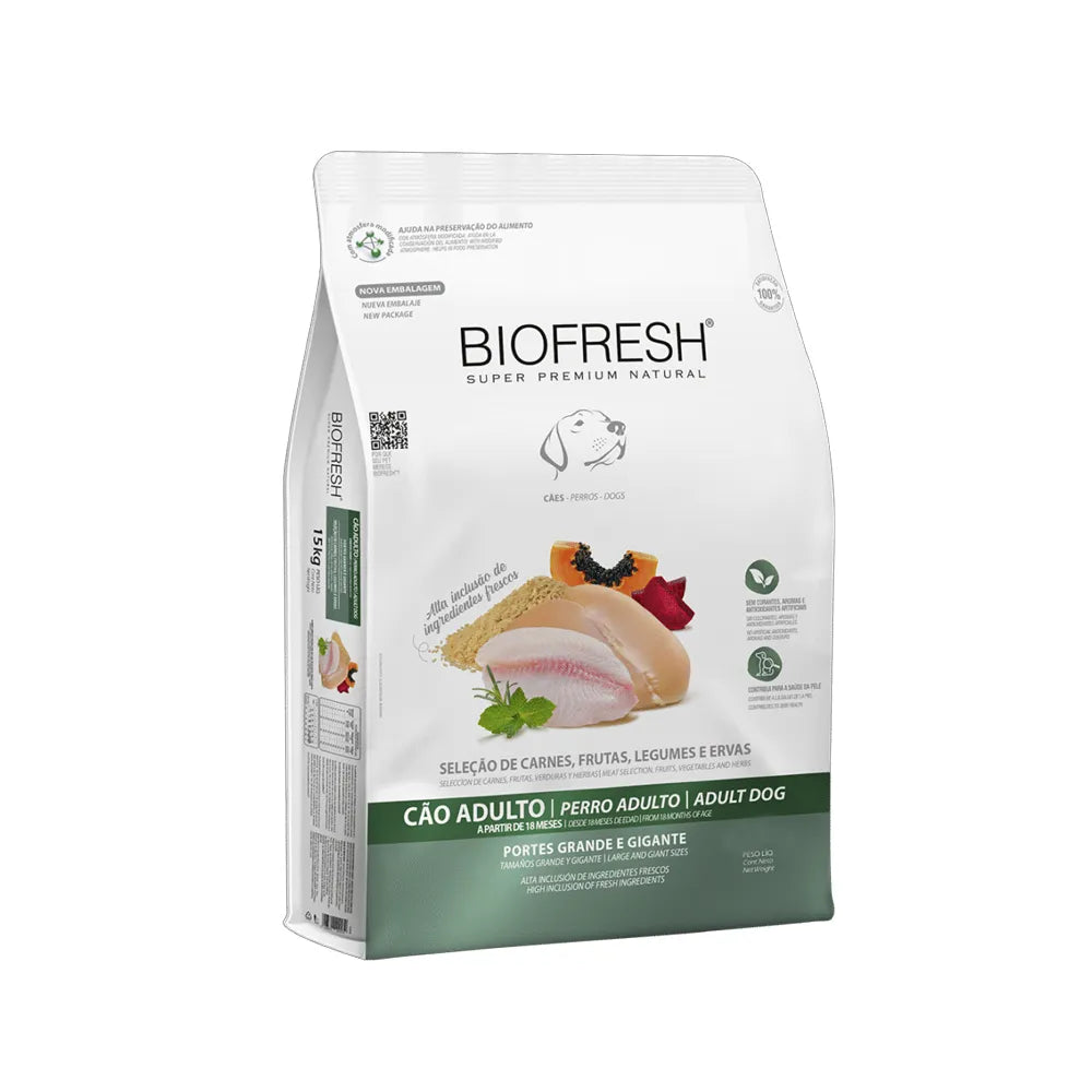Biofresh para Perros Razas Grandes y Gigantes alimento seco en bolsa blanca con pollo, frutas y fórmula natural premium