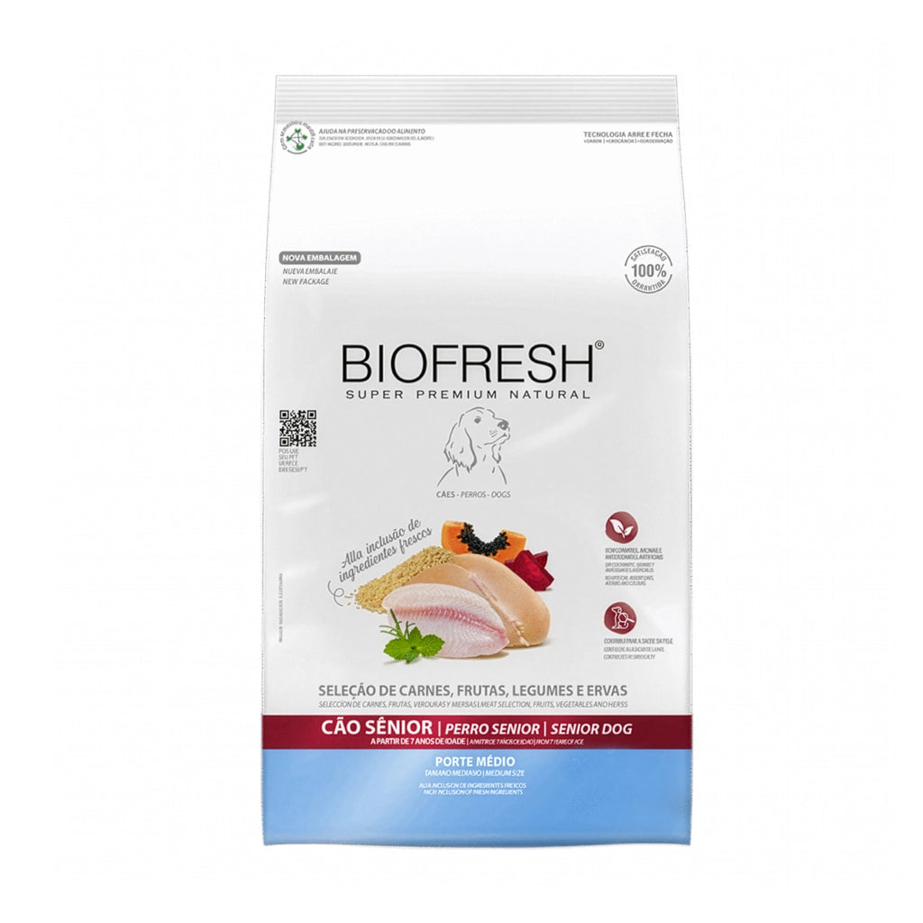 Alimento Biofresh para Perros Senior Razas Medianas con carnes, frutas y vegetales frescos en envase premium.