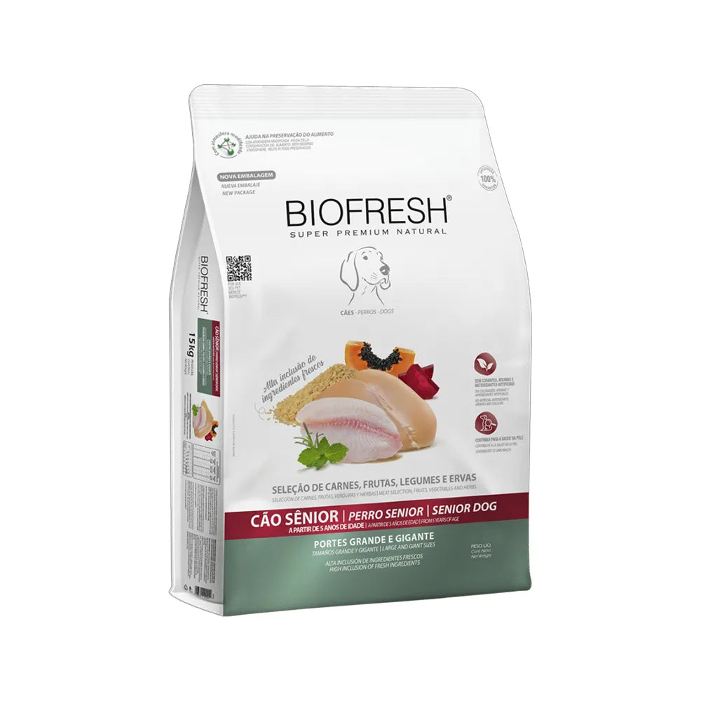 Biofresh para Perros Senior Razas Grandes y Gigantes alimento seco en bolsa blanca con pollo, frutas y fórmula natural premium