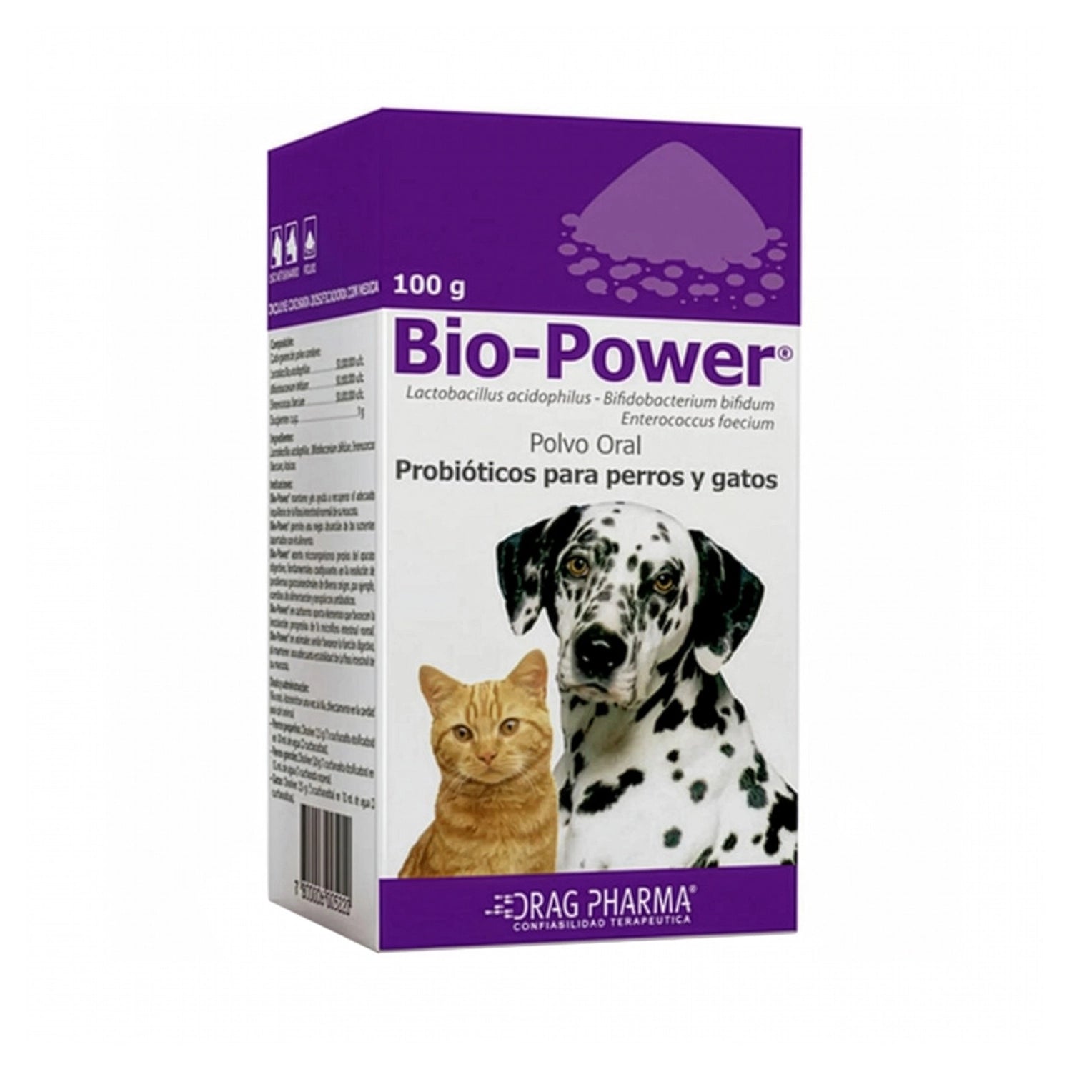 Caja de Bio-Power Polvo Oral con probióticos para perros y gatos, fórmula veterinaria en presentación de 100 g.