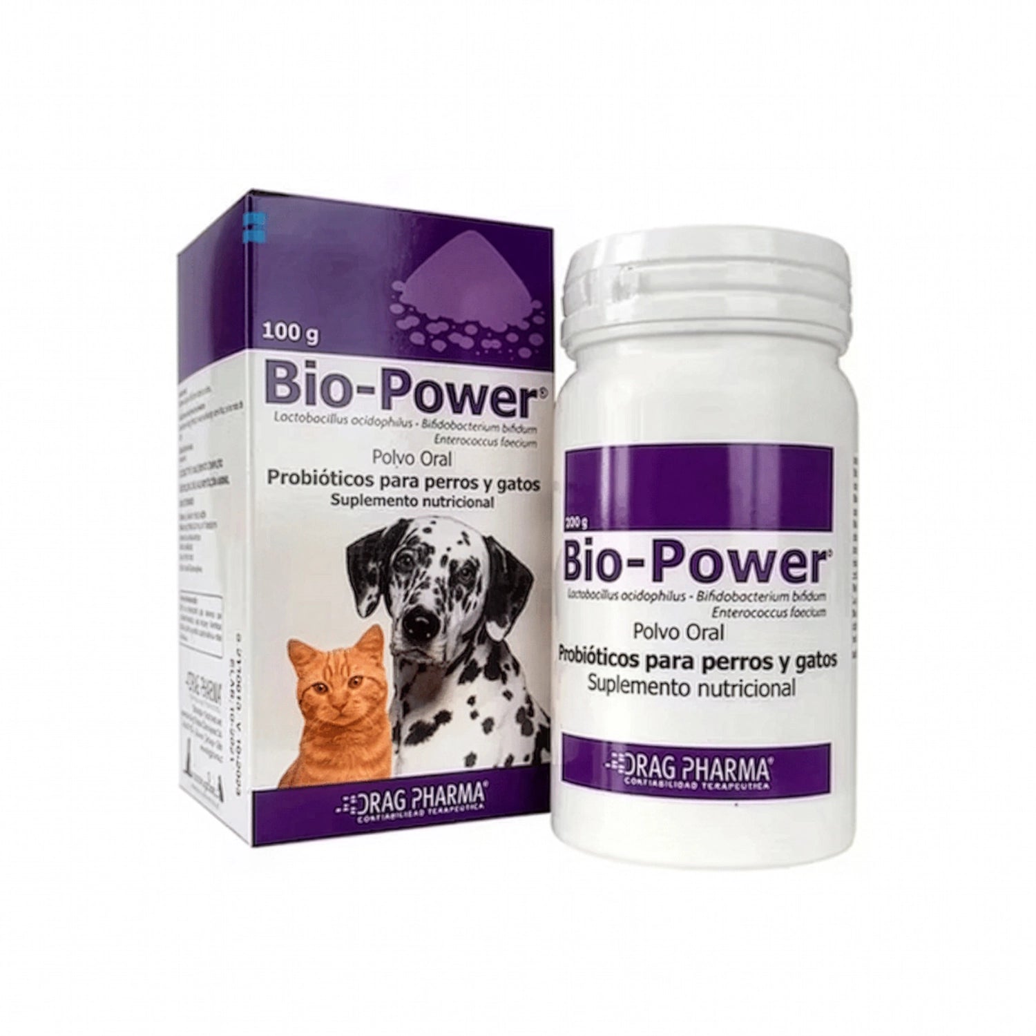 Caja de Bio-Power Polvo Oral con probióticos para perros y gatos, fórmula veterinaria en presentación de 100 g.