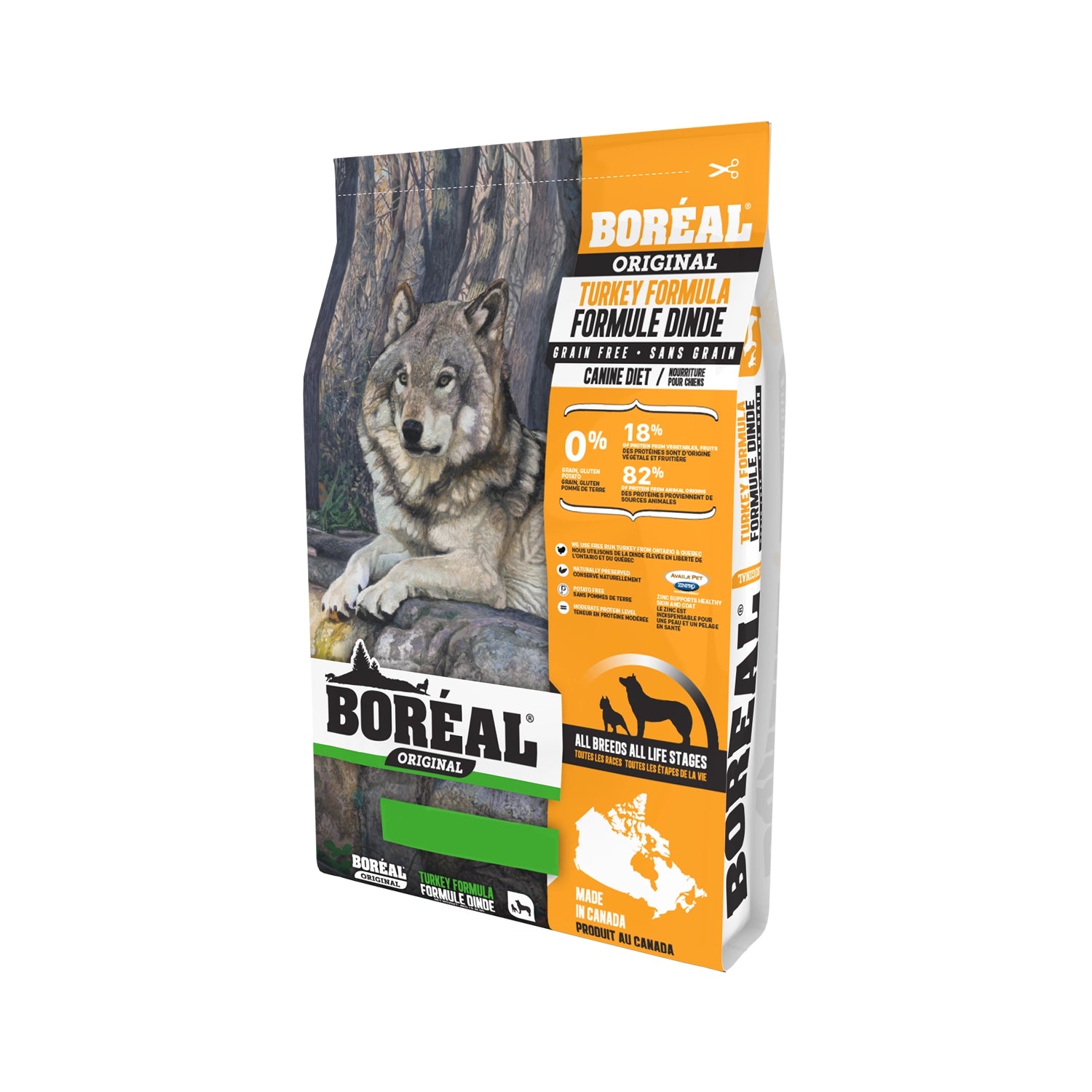 Boréal Original Pavo para Perros en bolsa con ilustración de lobo, receta libre de granos y proteína de pavo de alta calidad.