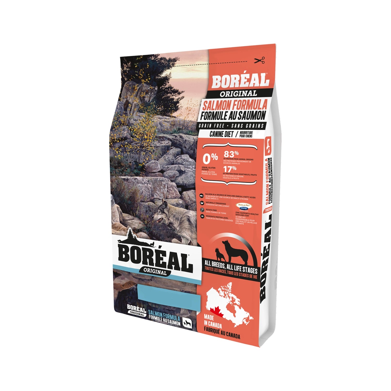 Boréal Original Salmón para Perros en bolsa con ilustración de lobos, fórmula libre de granos y proteína de salmón.