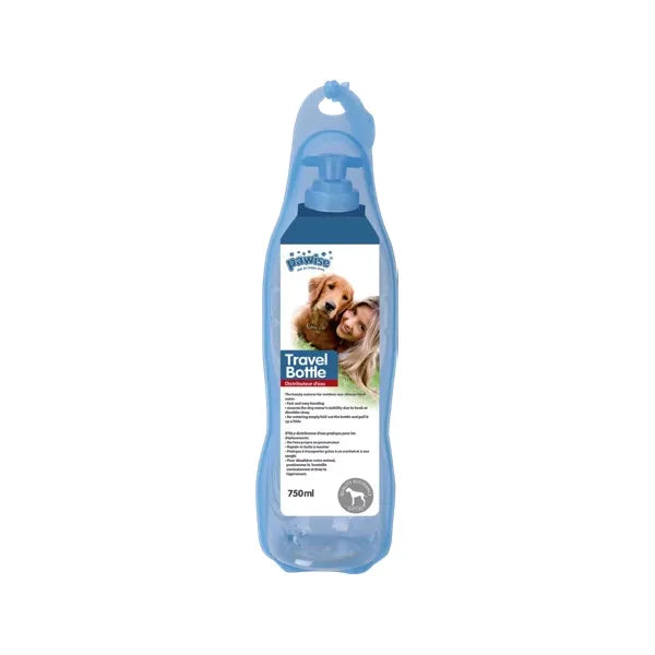 Pawise Botella Bebedera portátil azul, botella de viaje para perros con dispensador integrado y diseño ergonómico de 500 ml