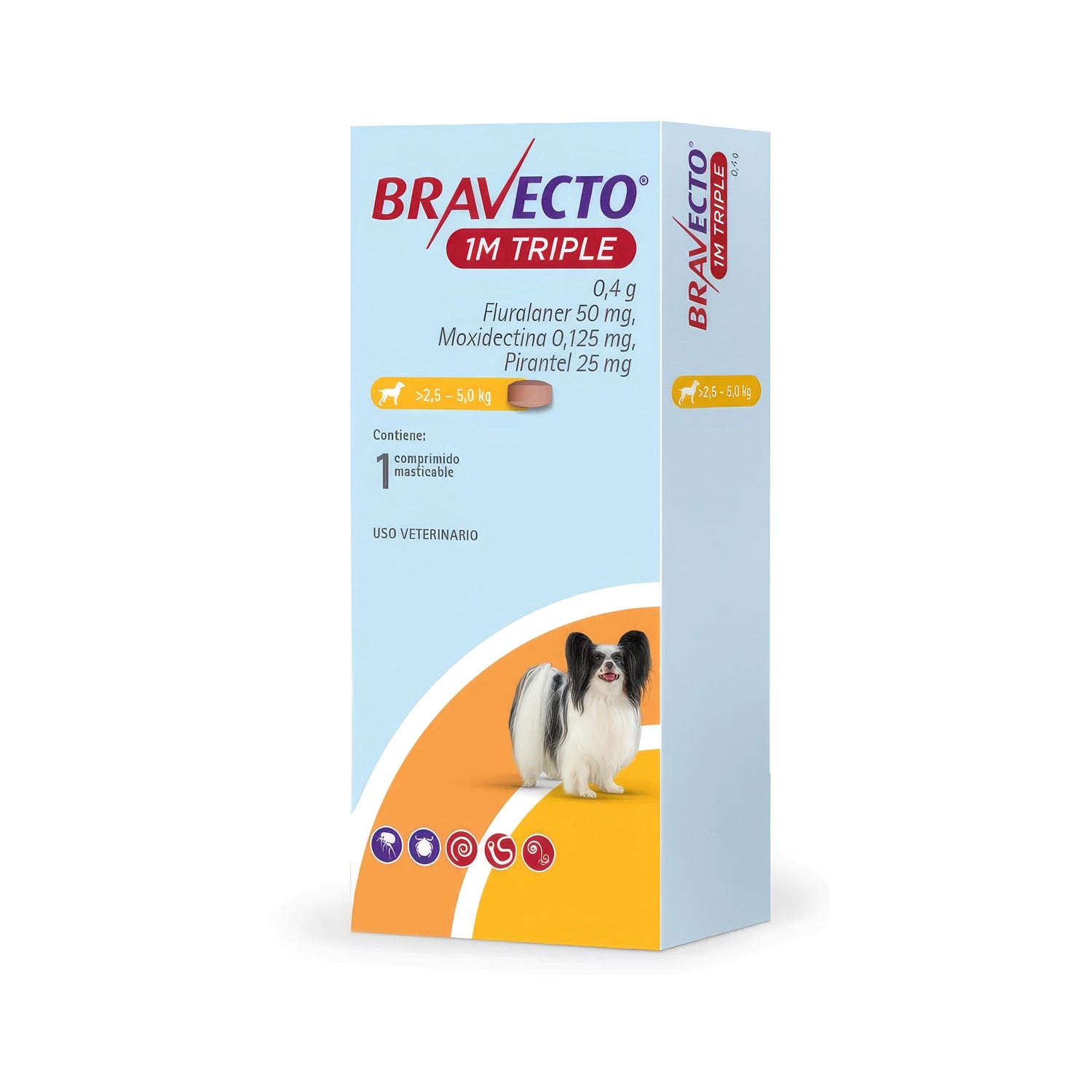 Bravecto 1M Triple en caja para perros de 2,5 a 5 kg, con comprimido masticable e imagen de perro en el envase.