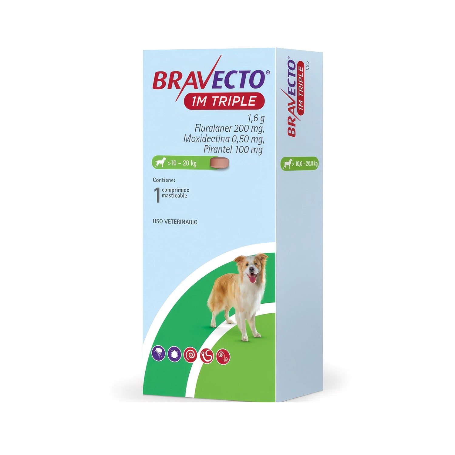 Bravecto 1M Triple en caja para perros de 5 a 10 kg, con comprimido masticable e imagen de perro en el envase.
