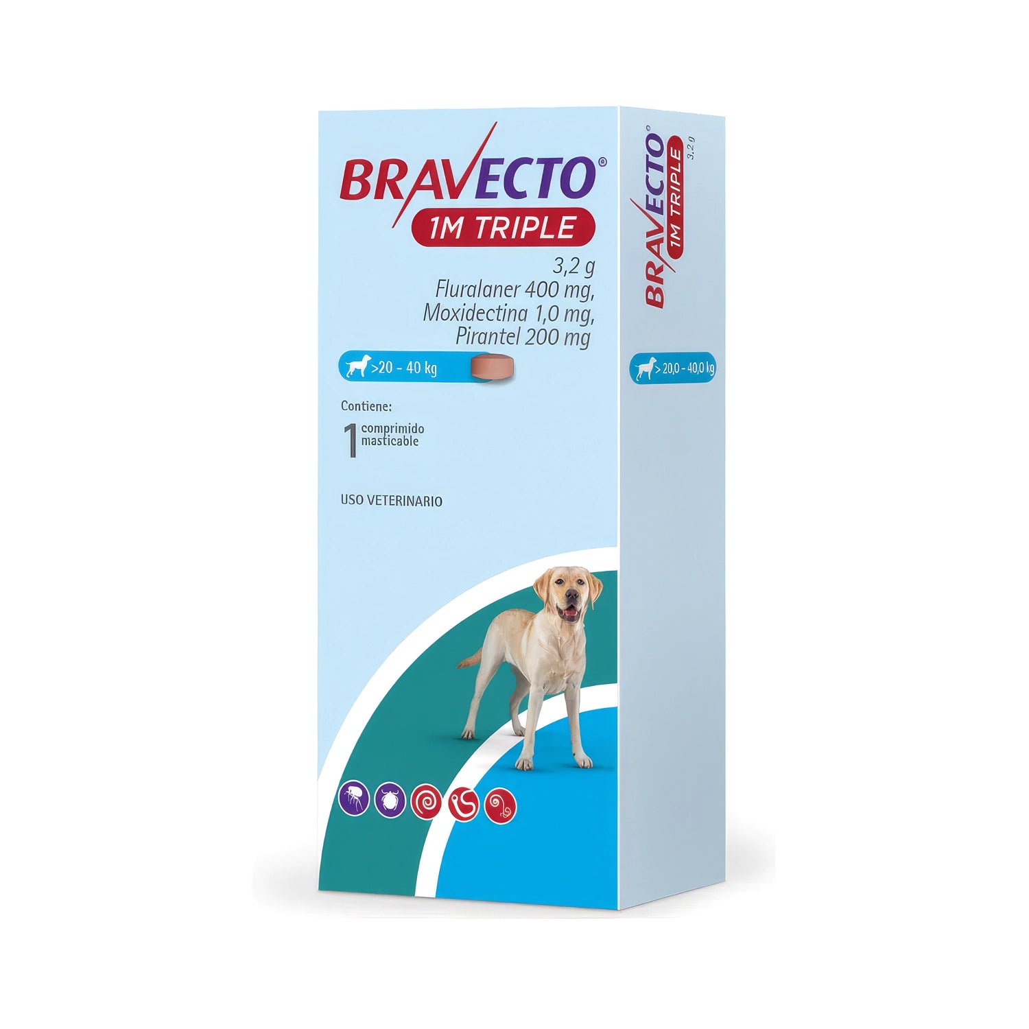 Bravecto 1M Triple en caja para perros de 20 a 40 kg, con comprimido masticable e imagen de perro en el envase.