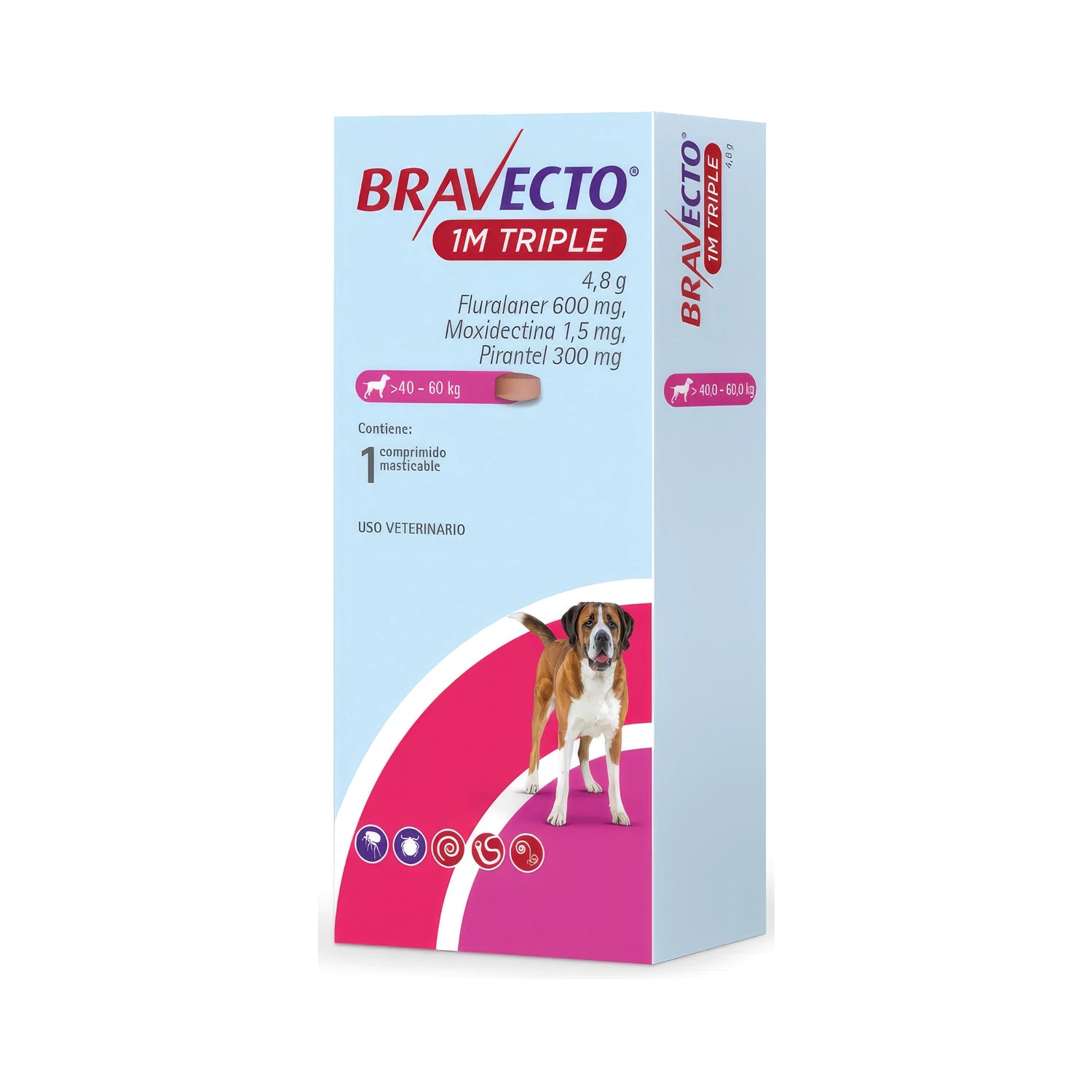 Bravecto 1M Triple en caja para perros de 40 a 60 kg, con comprimido masticable e imagen de perro en el envase.