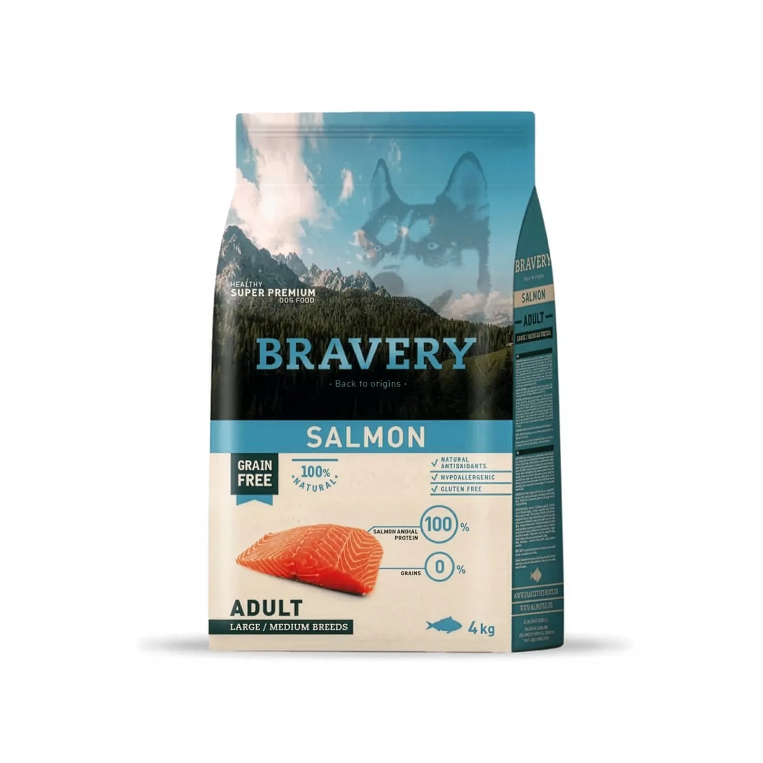 Bravery Salmon Razas Grandes y Medianas, saco de alimento seco con salmón, fórmula grain free 100% natural para perros adultos