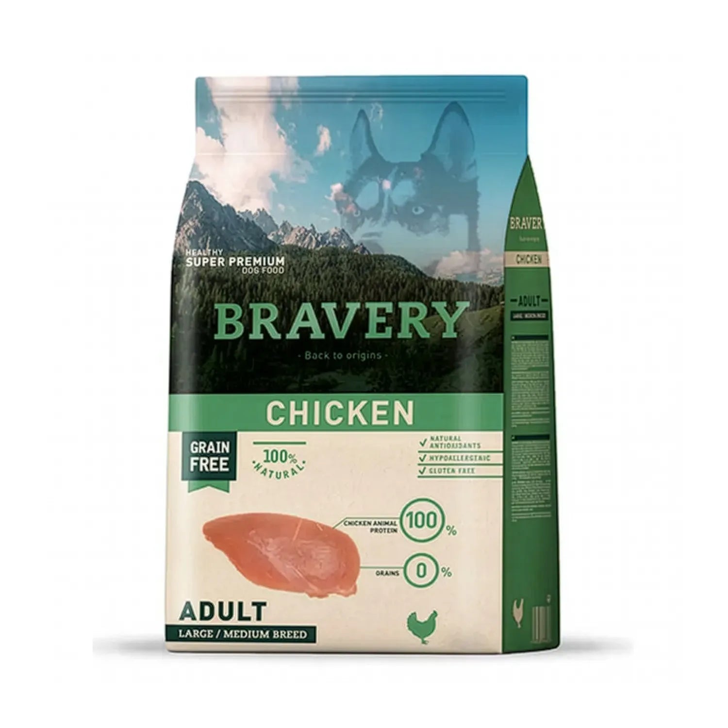 Bravery Pollo Razas Grandes y Medianas, alimento seco para perros en saco con ilustración de perro, paisaje natural y proteína de pollo