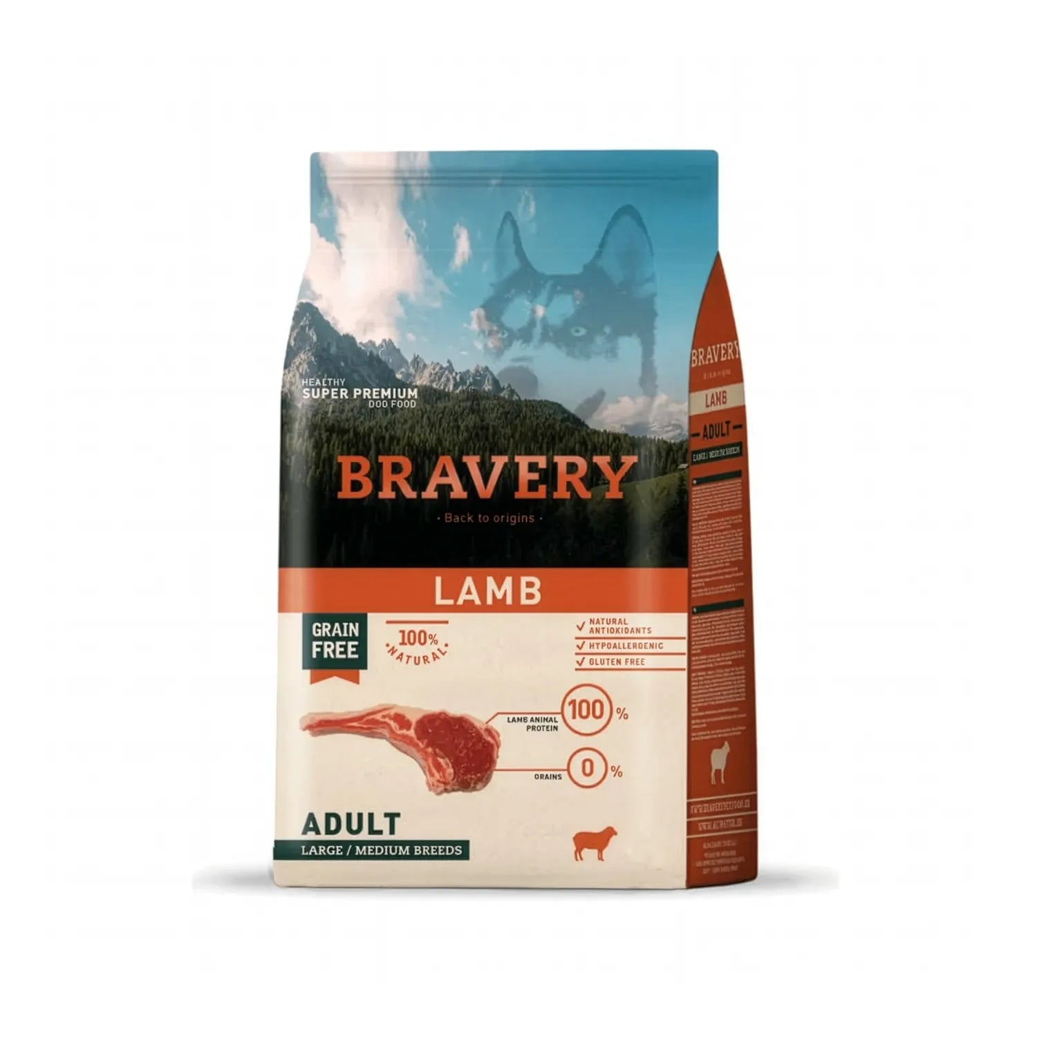 Bravery Cerdo Ibérico Razas Grandes y Medianas, saco de alimento seco con ilustración de perro, paisaje natural y corte de carne