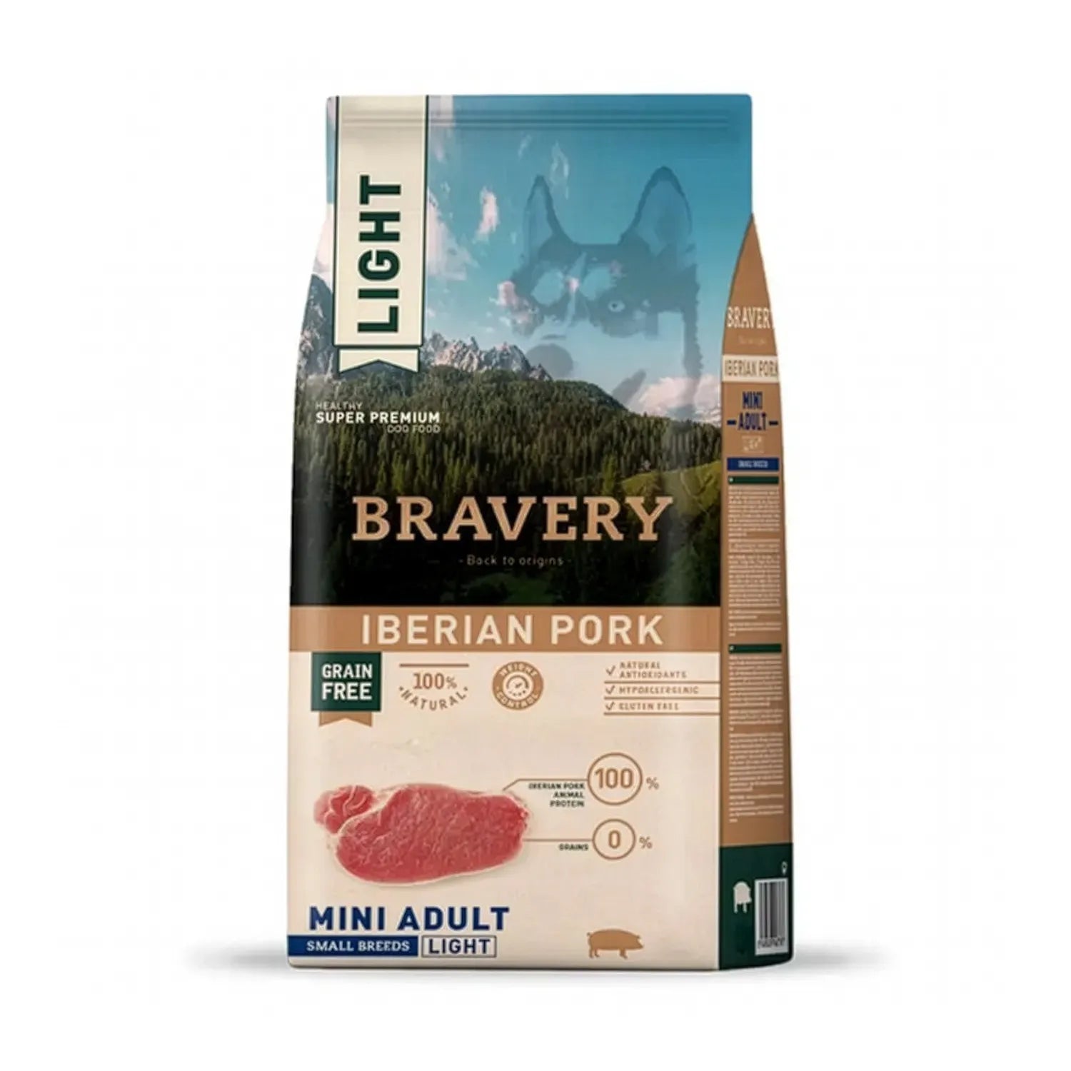 Bravery Light Cerdo Ibérico Razas Pequeñas, saco de alimento seco mini adult light con carne de cerdo, fórmula baja en grasa grain free
