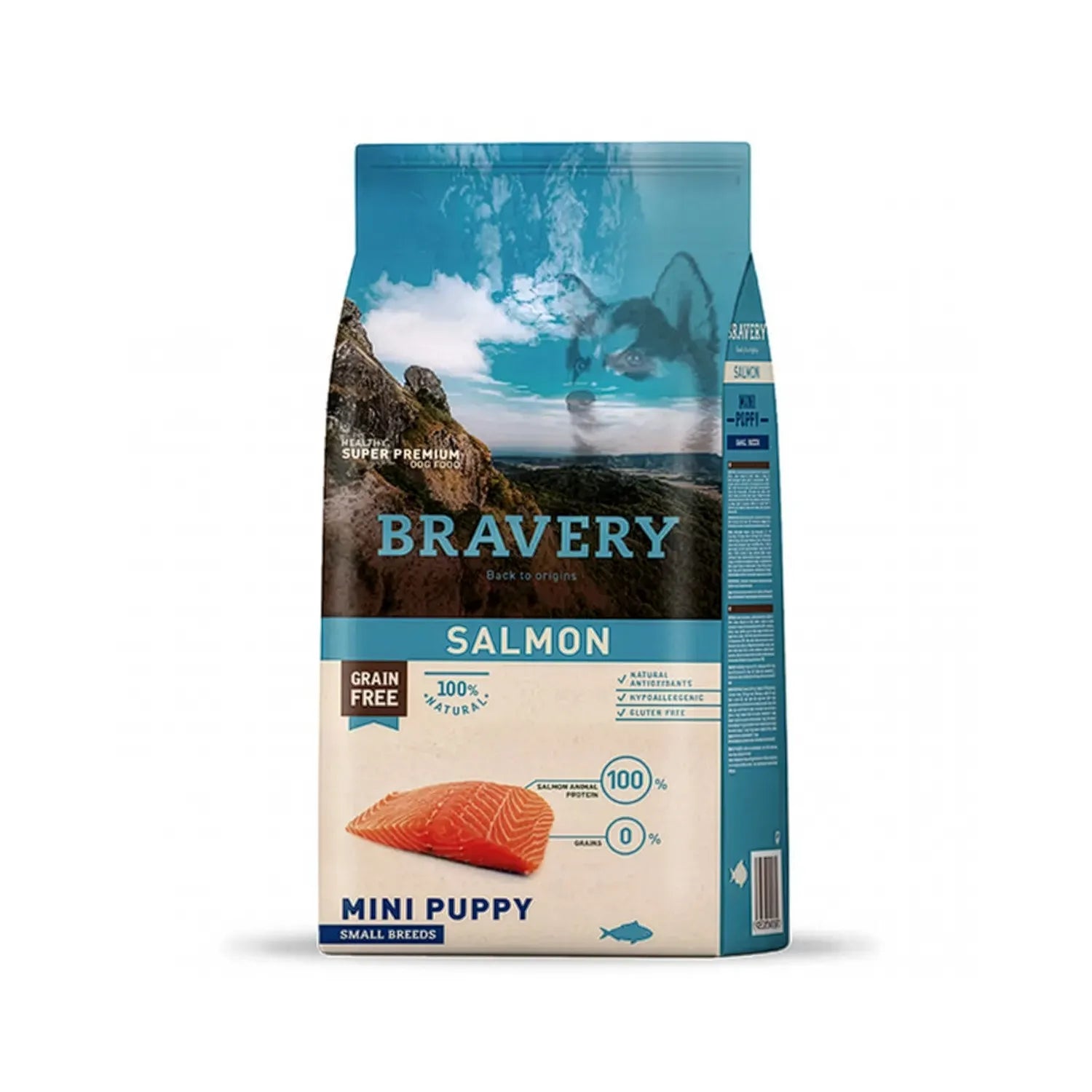 Bravery Cachorro Salmón Razas Pequeñas en bolsa, comida seca mini puppy grain free con imagen de salmón y diseño natural premium
