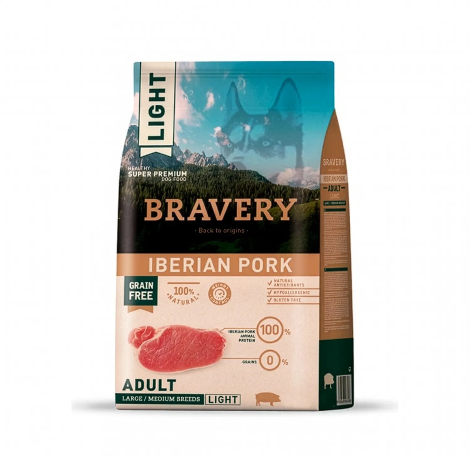 Bravery Light Cerdo Ibérico Razas Grandes y Medianas, saco de alimento seco para perros con diseño natural, carne de cerdo y etiqueta light