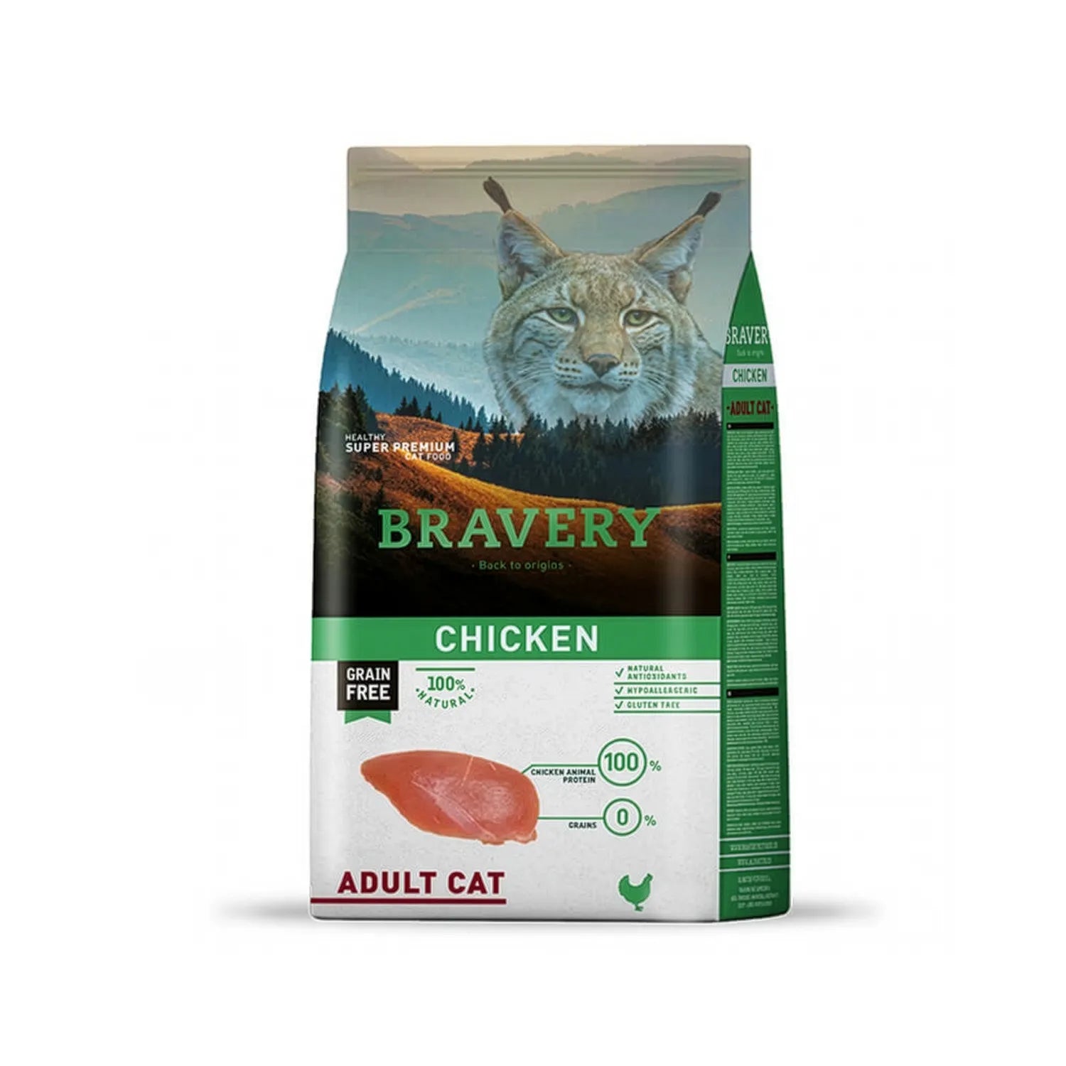 Bravery Pollo Gato Adulto, saco de alimento seco con lince y filete de pollo, fórmula grain free 100% natural para gatos adultos