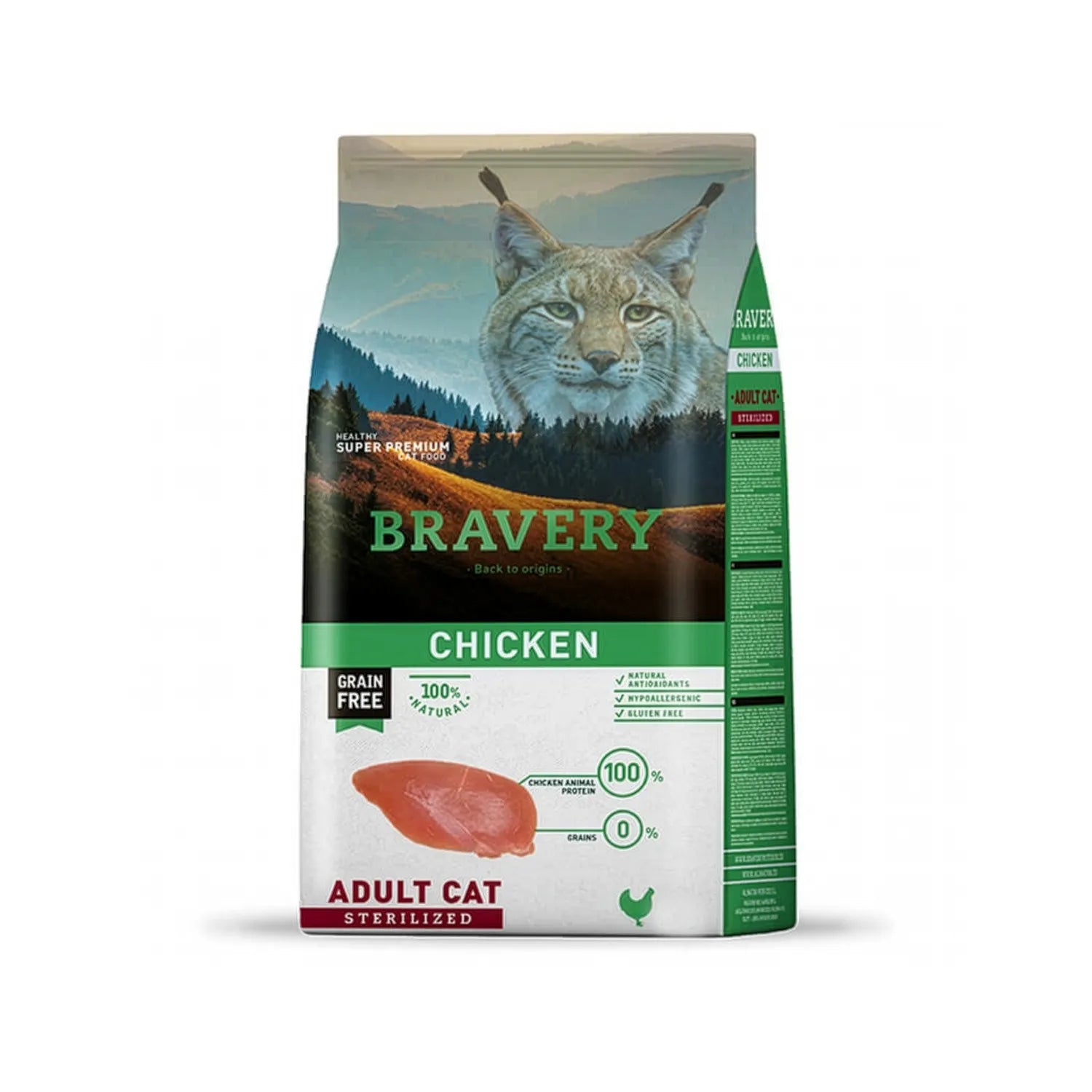 Bravery Gato Esterilizados Pollo, bolsa premium con imagen de lince y pollo, comida seca sin granos para gatos esterilizados adultos