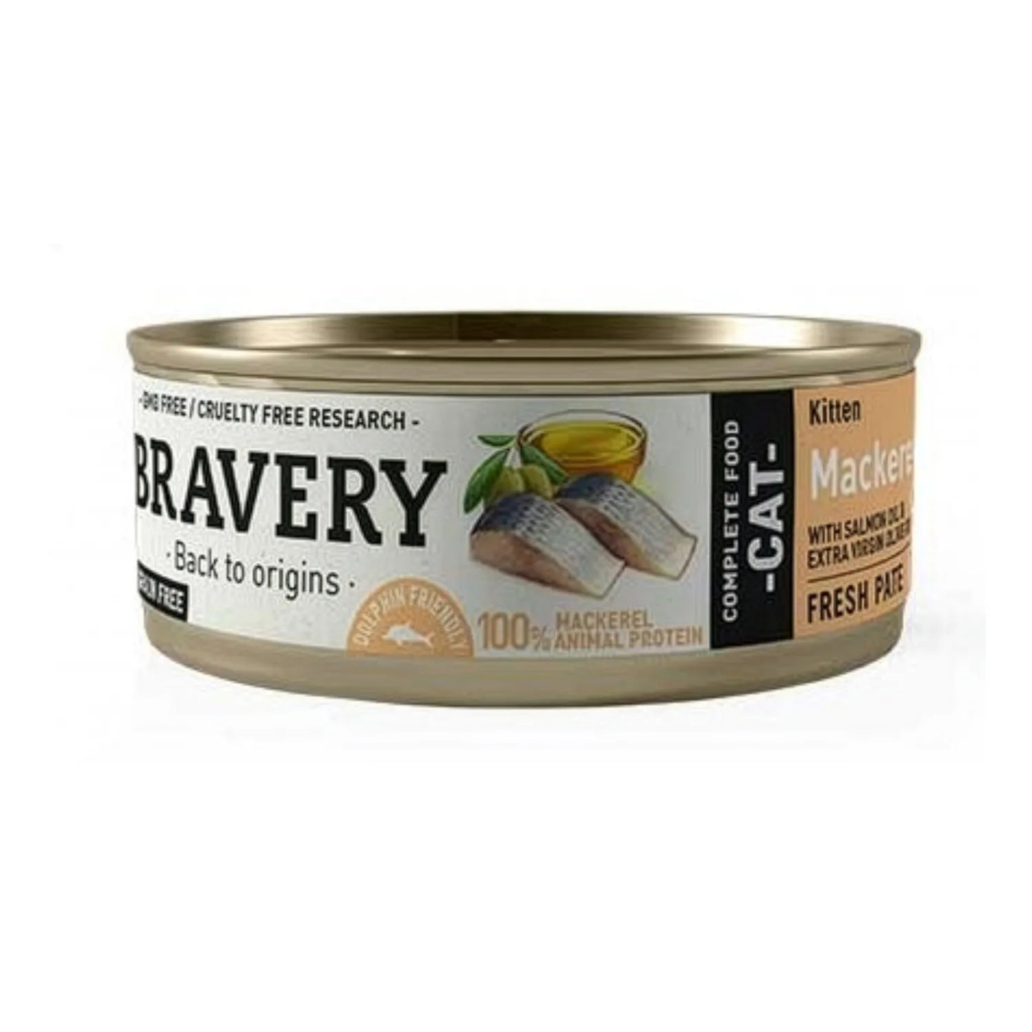Bravery Húmedo de Jurel para Gatitos, lata de alimento húmedo con trozos de jurel y aceite, receta completa rica en proteína para kitten