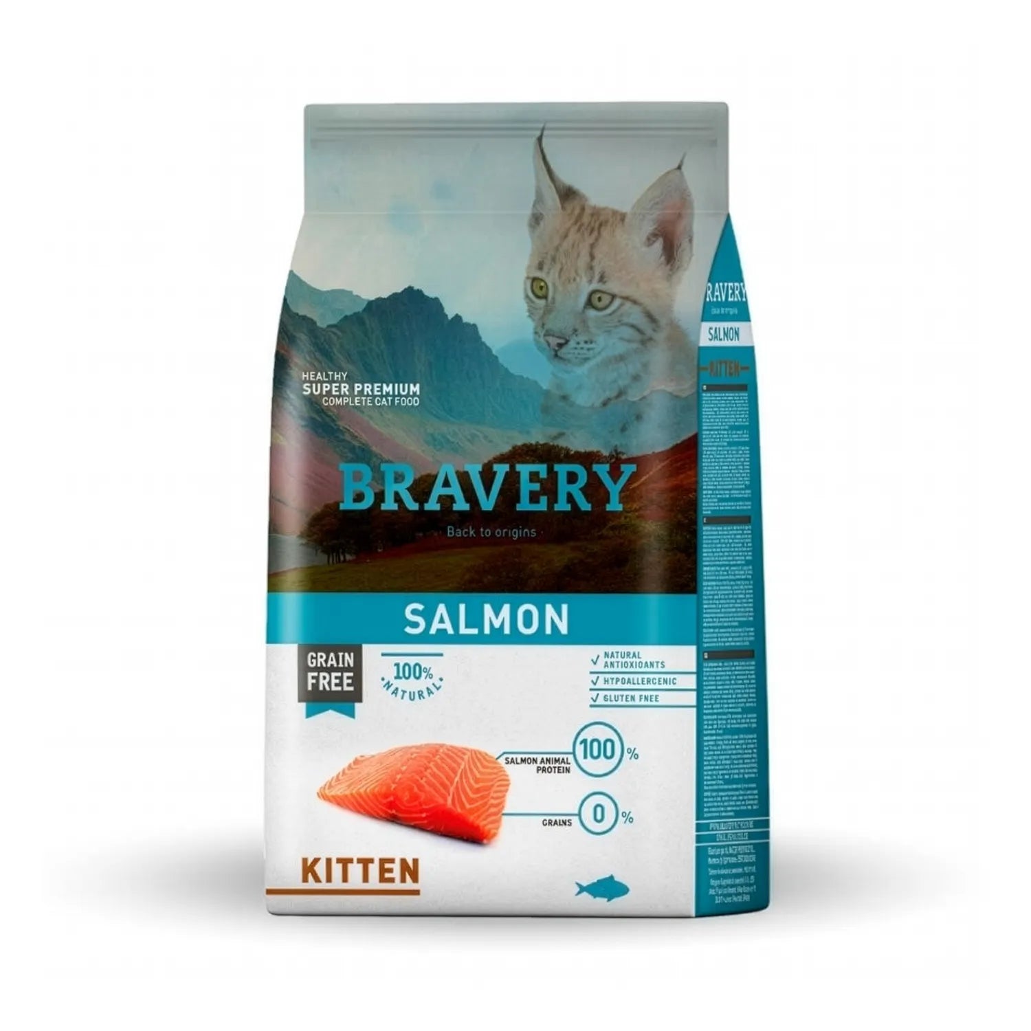 Bravery Salmón para Gatitos, saco de alimento seco con imagen de gatito y filete de salmón, fórmula grain free 100% natural
