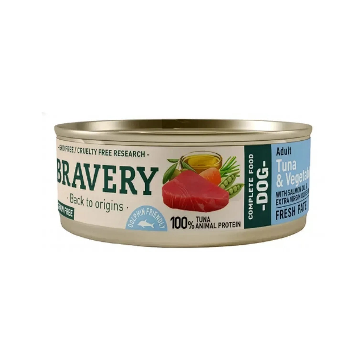 Bravery Húmedo de Atún y Vegetales para Perros, lata con trozo de atún y vegetales ilustrados, alimento húmedo premium rico en proteína