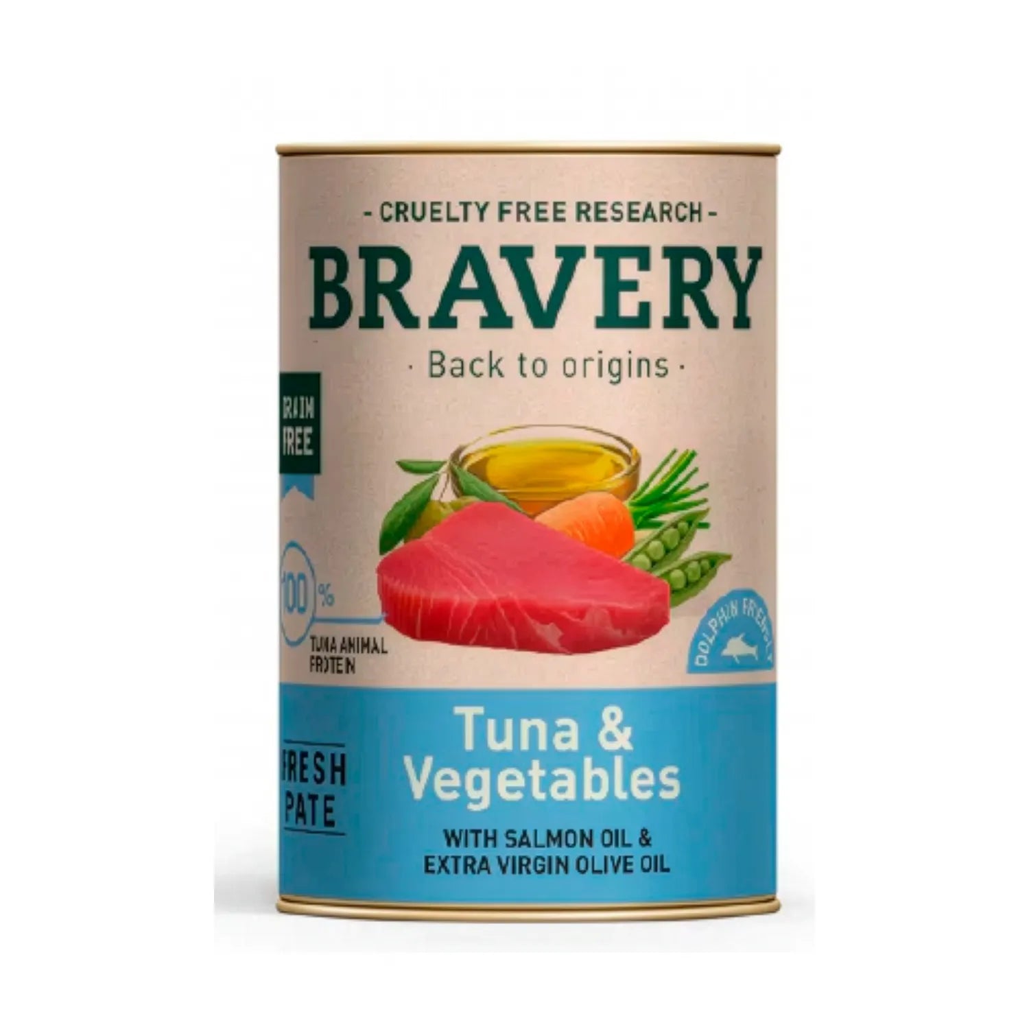 Bravery Húmedo de Atún y Vegetales para Perros, lata con trozo de atún y vegetales ilustrados, alimento húmedo premium rico en proteína