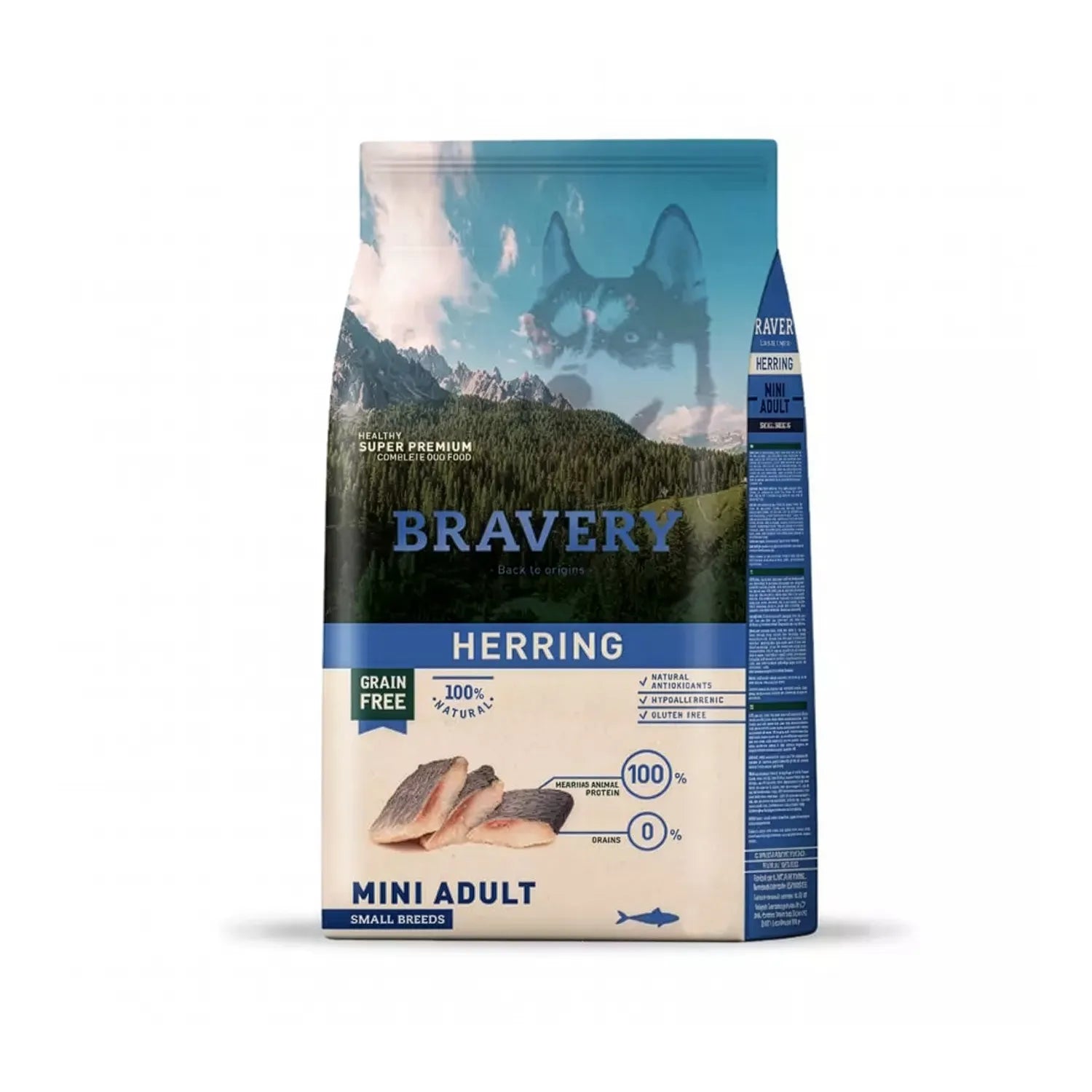 Bravery Arenque para Perros Razas Pequeñas en bolsa, comida seca grain free mini adult con imagen de arenque y diseño premium natural