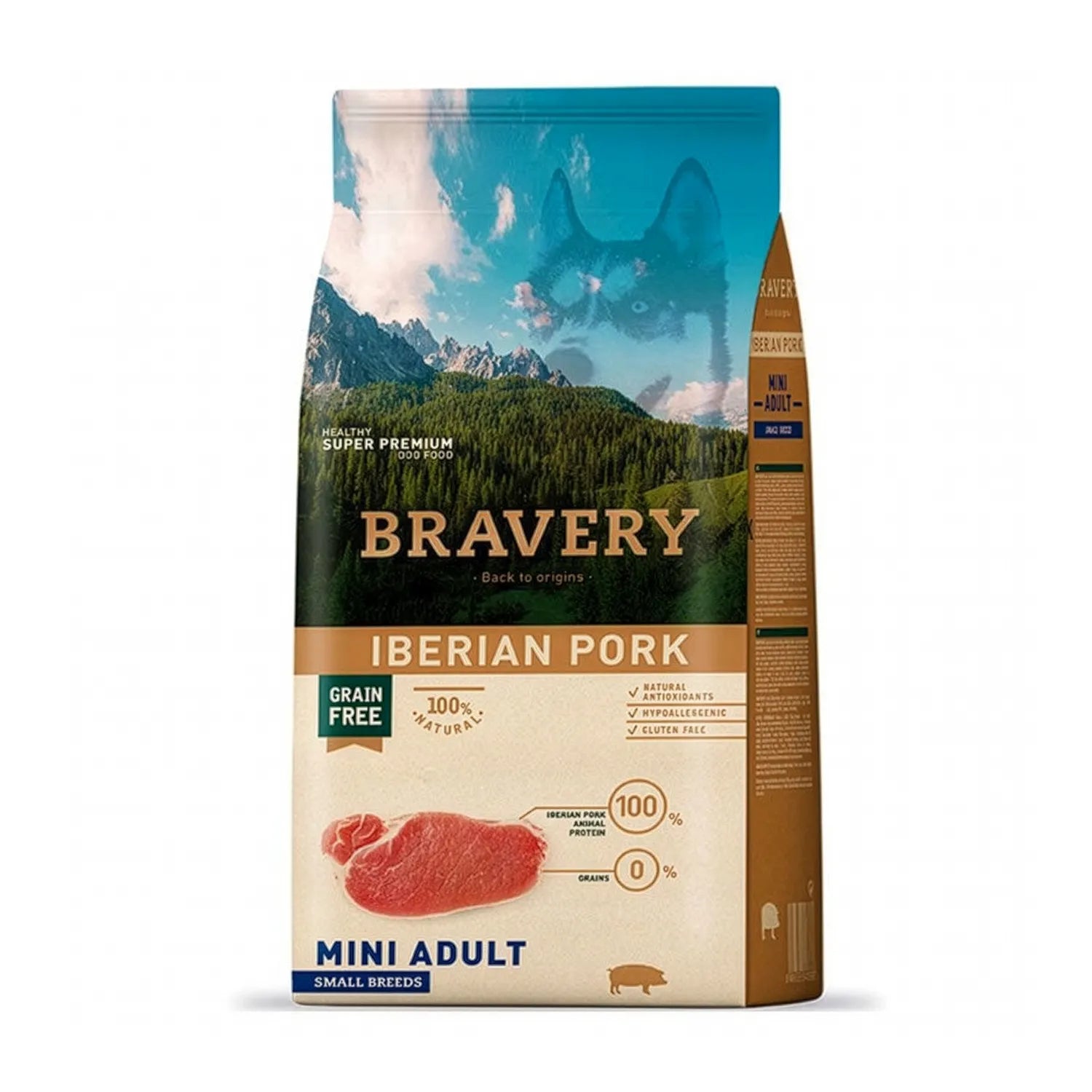 Bravery Cerdo Ibérico Razas Pequeñas, saco de alimento seco mini adult con carne de cerdo, fórmula grain free para perros pequeños