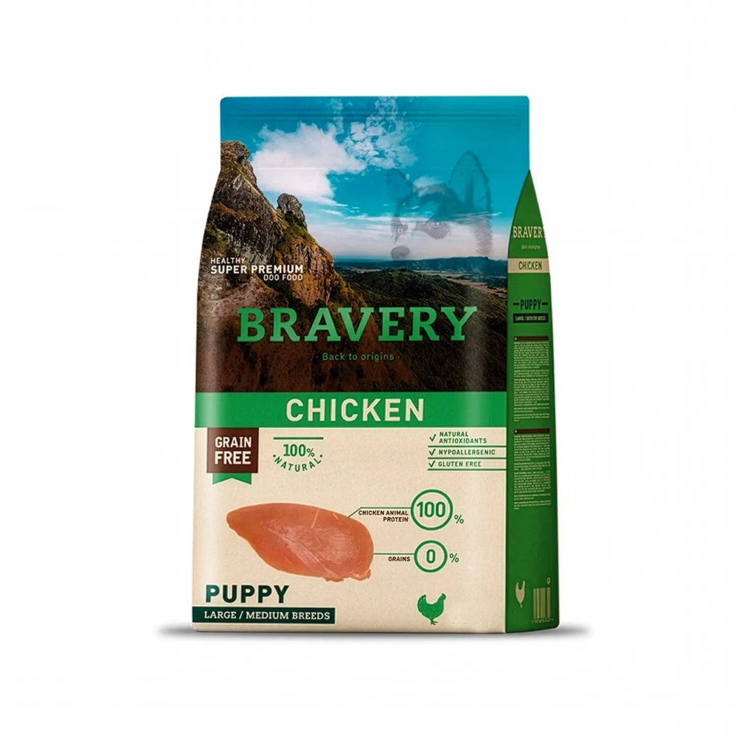 Bravery Cachorro Pollo Raza Grande y Mediana, alimento seco para cachorros con pollo, empaque con ilustración natural y 100% proteína animal
