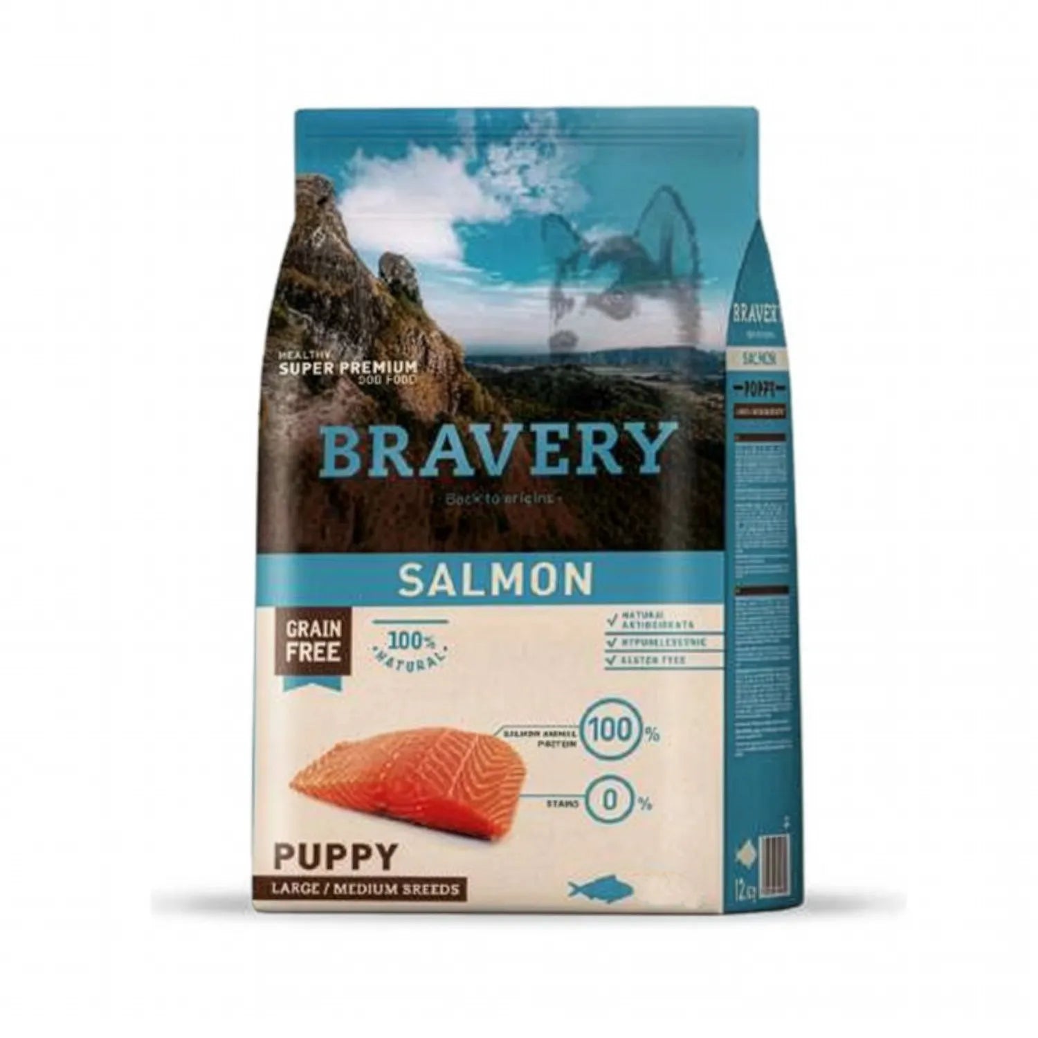 Bravery Cachorro Salmón Raza Grande y Mediana, bolsa de comida premium para perros puppy con salmón, diseño con paisaje y proteína natural