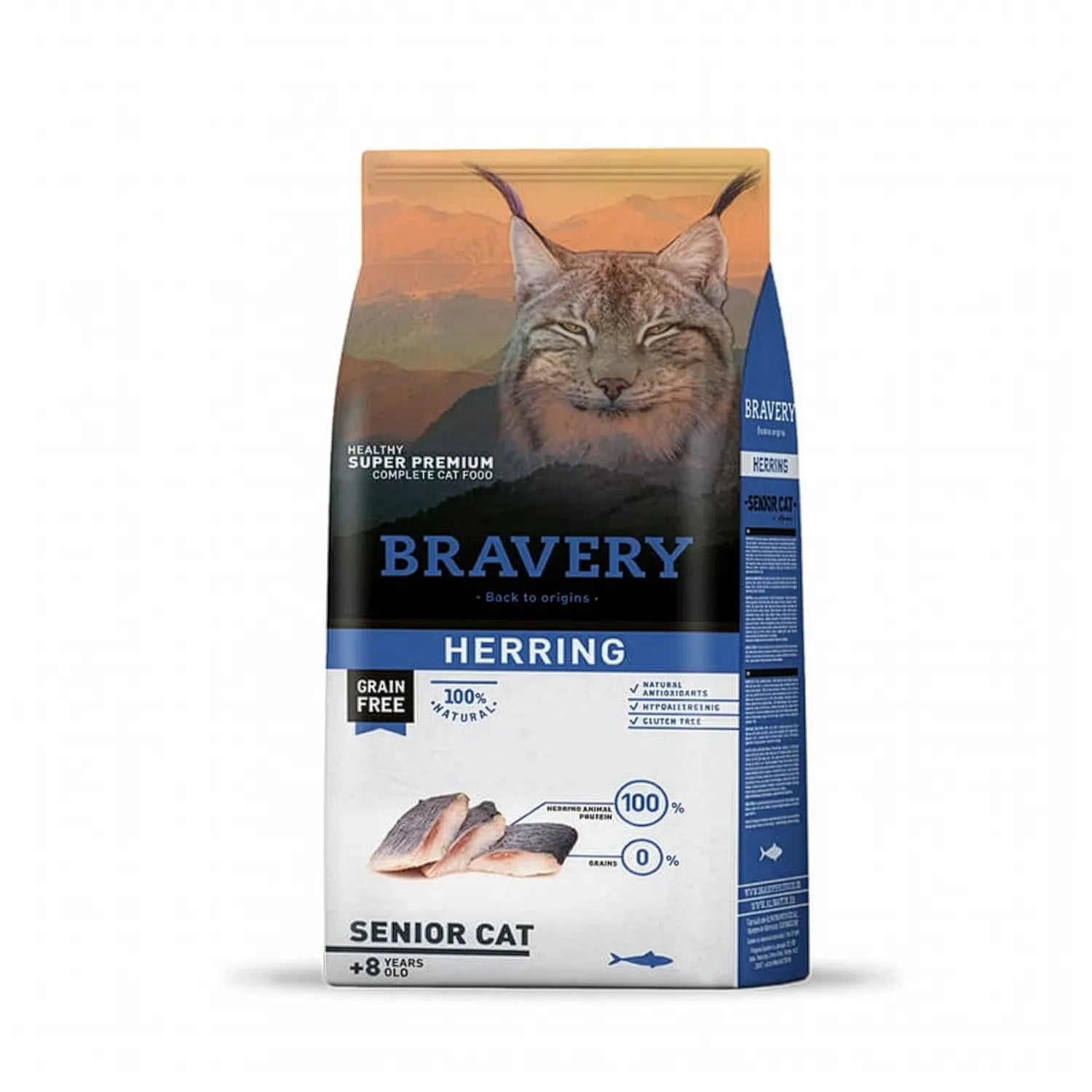 Bravery Arenque para Gatos Senior, bolsa de comida seca con diseño de lince y arenque, alimento premium sin granos para gatos +8 años
