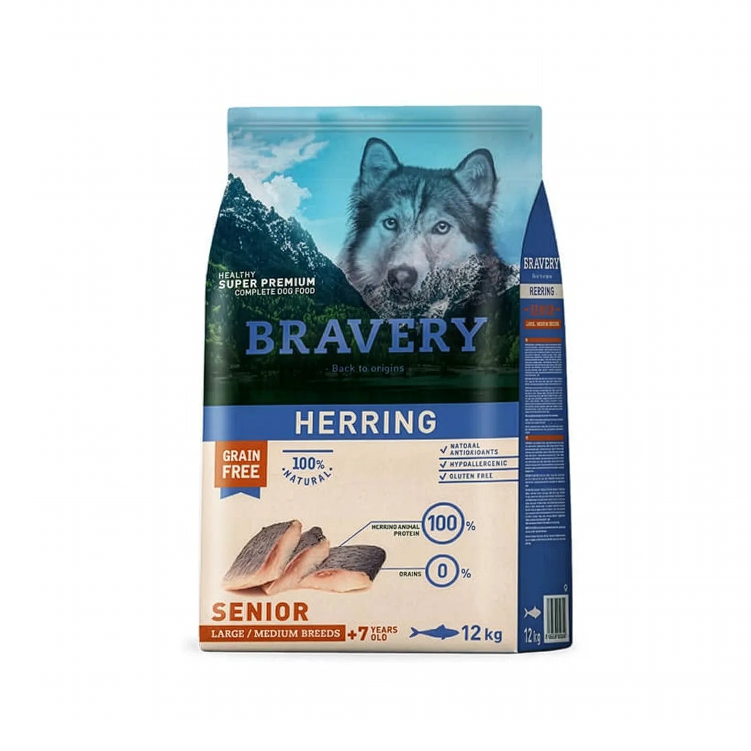 Bravery Arenque para Perros Senior Razas Medianas y Grandes, saco de alimento seco con lobo, receta de pescado y fórmula grain free