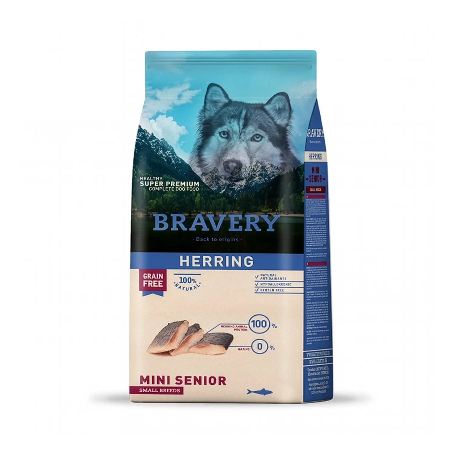 Bravery Arenque para Perros Senior Razas Pequeñas, saco de alimento seco con lobo y filetes de pescado, fórmula grain free mini senior