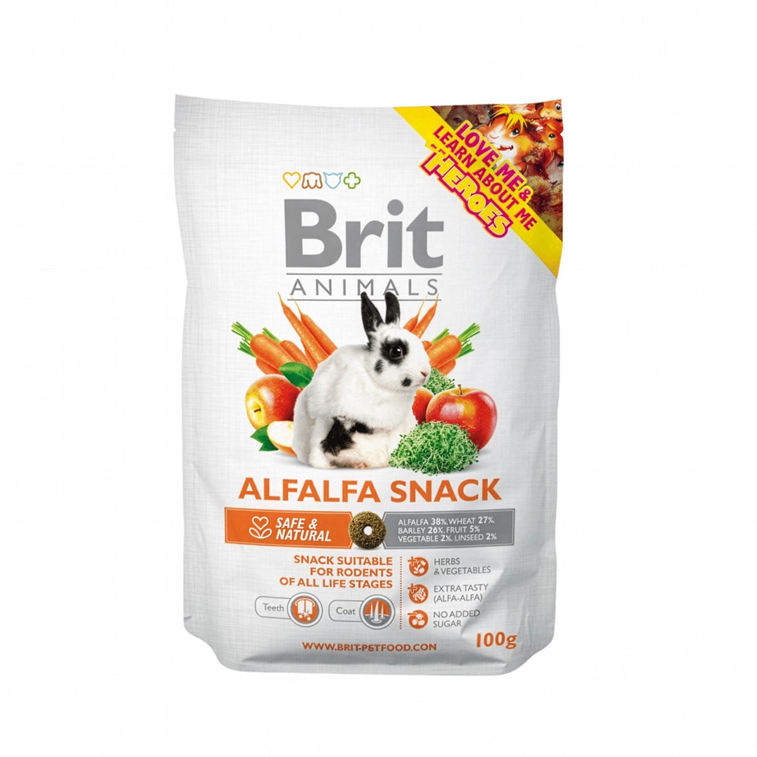 Brit Animals Snack Alfalfa, snack para pequeños animales con conejo blanco, alfalfa, zanahorias y frutas en envase doypack.