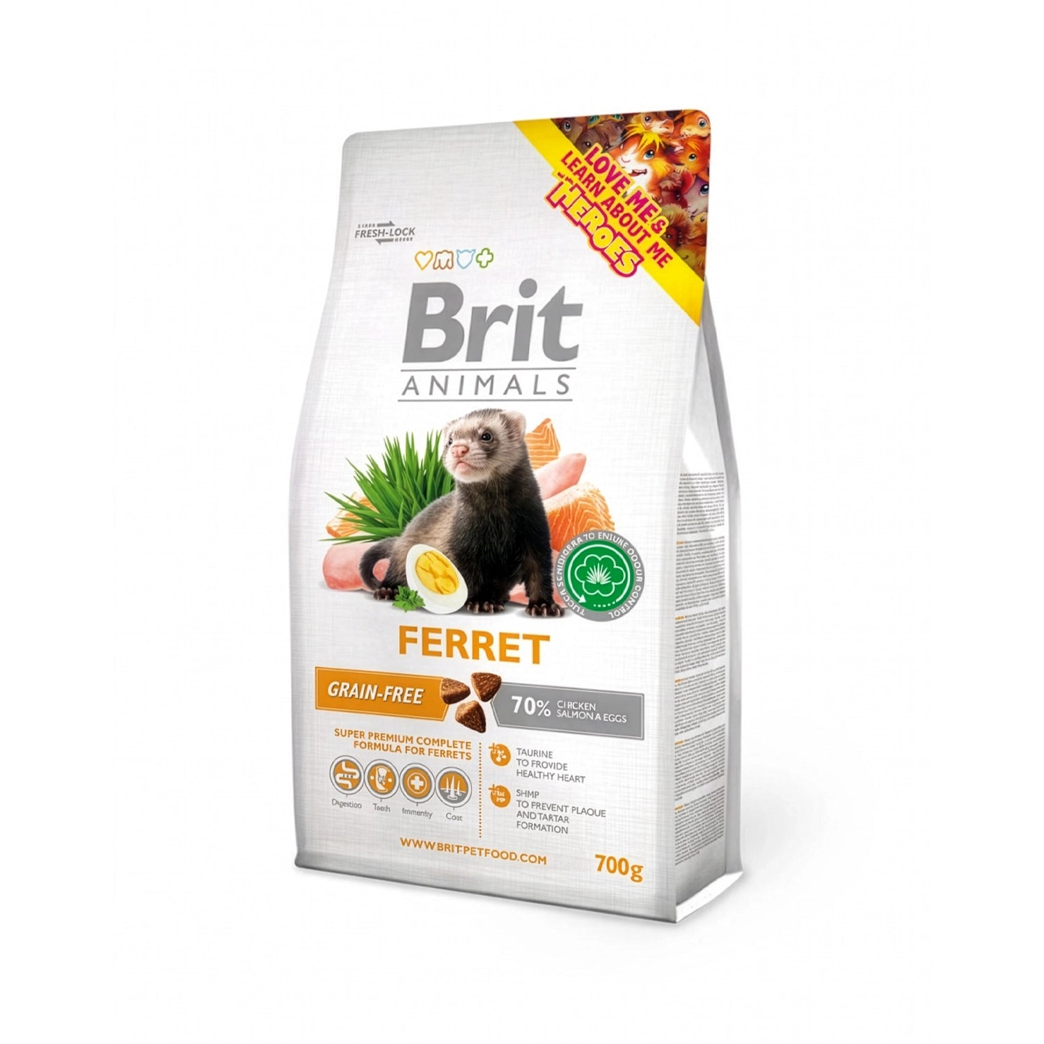 Brit Animals para Hurones, alimento completo grain free para hurones en bolsa con imagen de un hurón e ingredientes naturales.